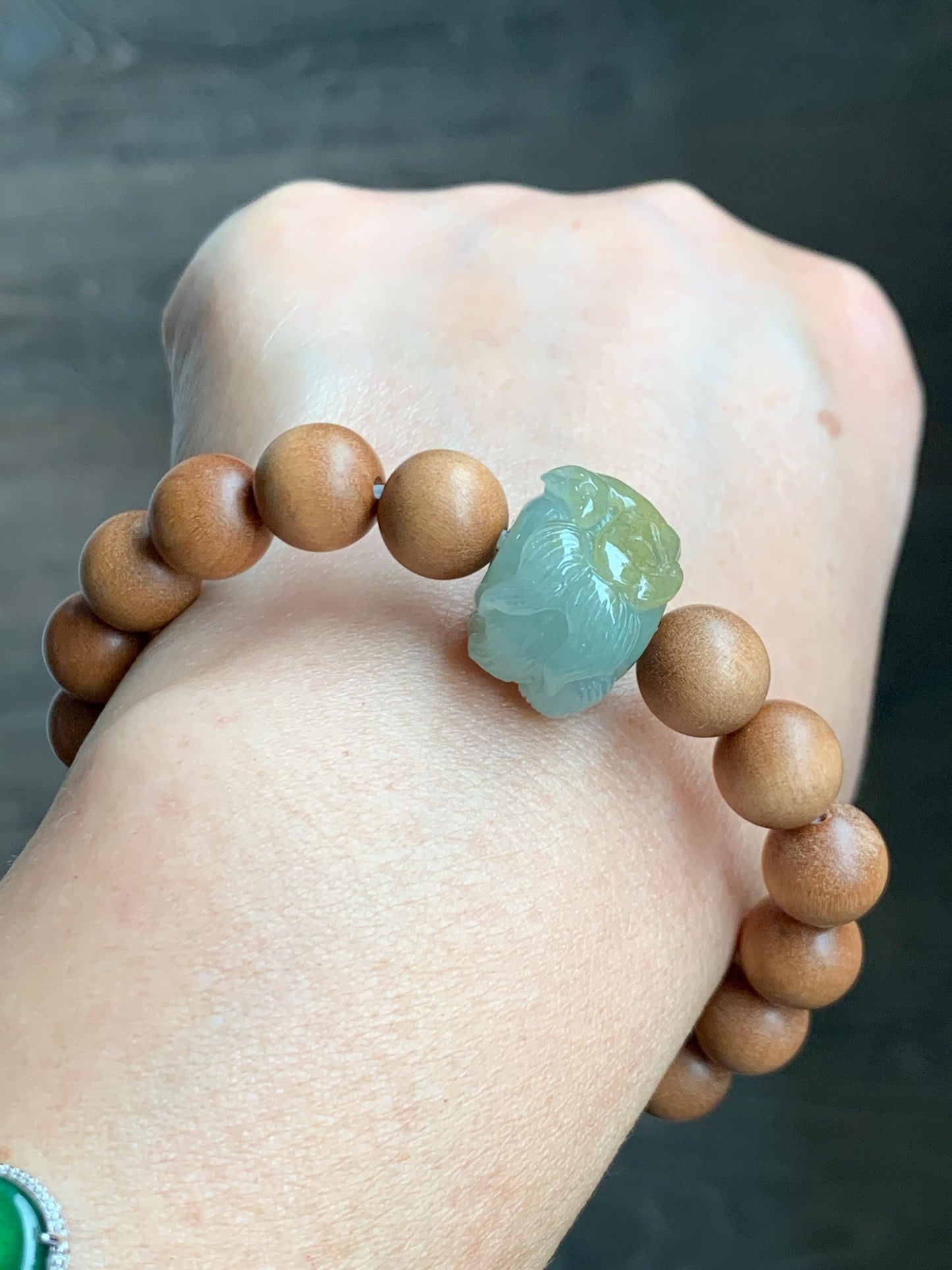 Natural Grade A Icy Translucent Light Green Yellow Marbled Jadeite Nine-tailed Fox Barrel Bead Beaded Bracelet 7” 天然冰晴底飘黄翡翠九尾狐珠木珠手串 MSH280