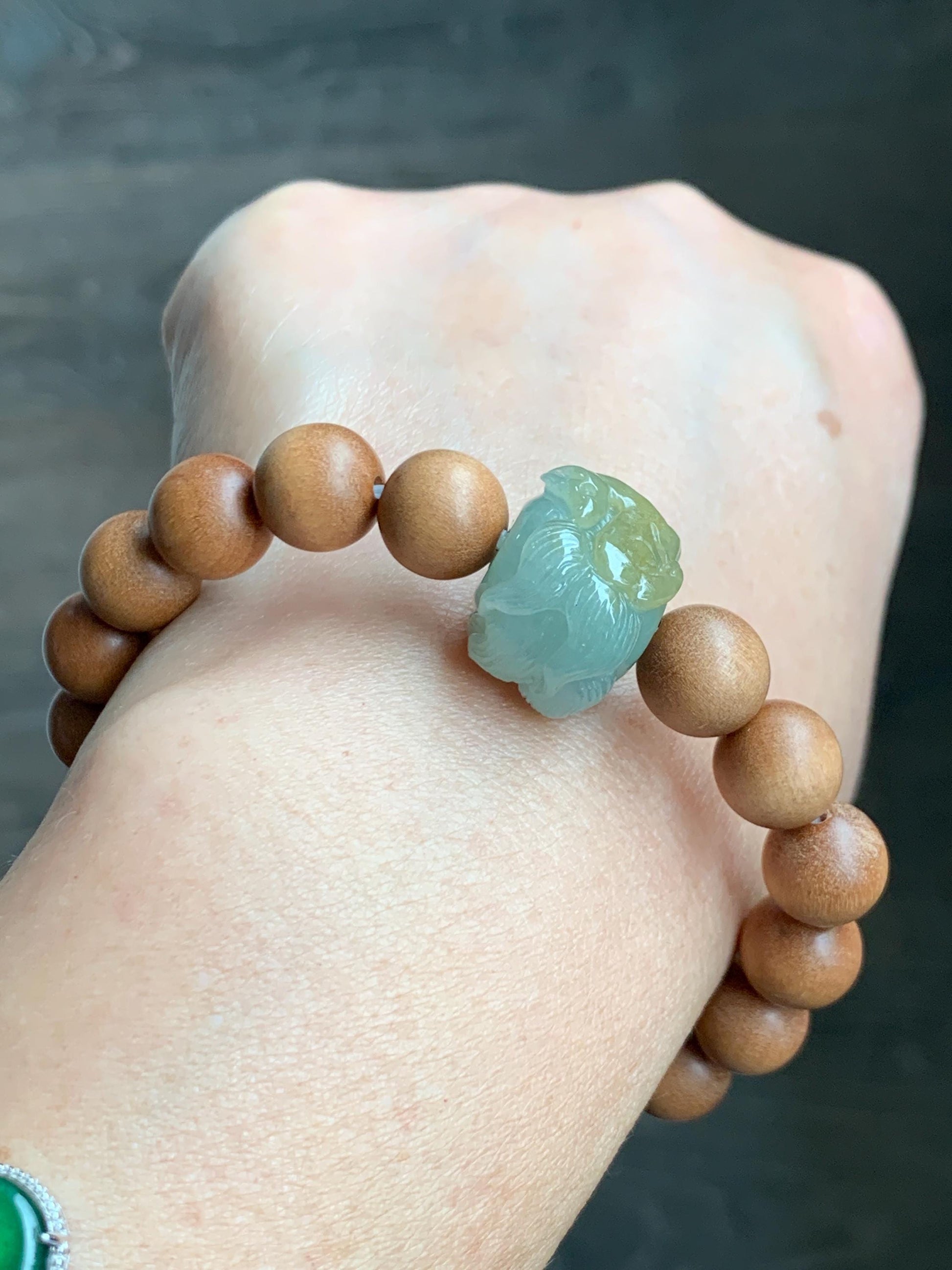 Natural Grade A Icy Translucent Light Green Yellow Marbled Jadeite Nine-tailed Fox Barrel Bead Beaded Bracelet 7” 天然冰晴底飘黄翡翠九尾狐珠木珠手串 MSH280