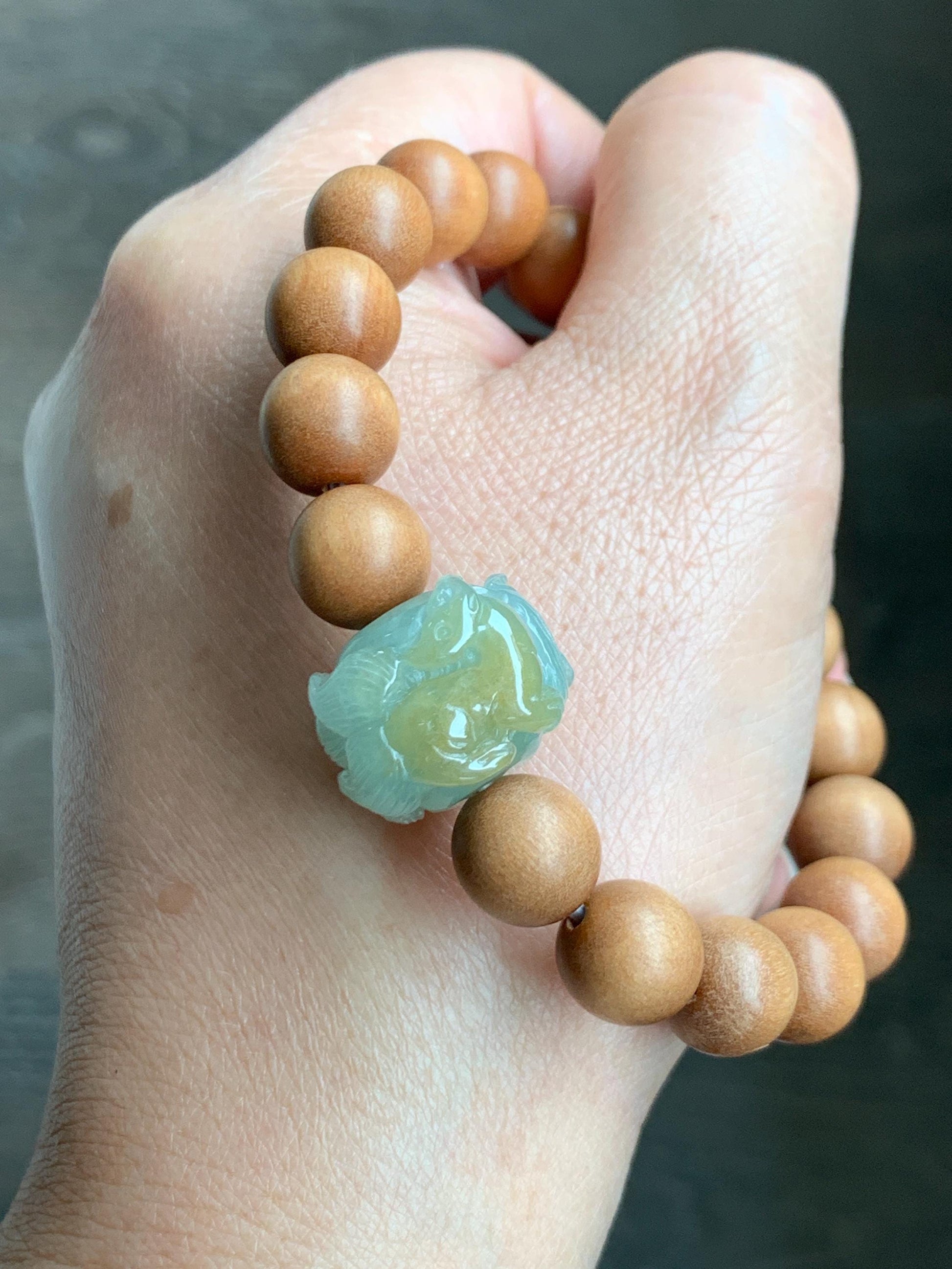Natural Grade A Icy Translucent Light Green Yellow Marbled Jadeite Nine-tailed Fox Barrel Bead Beaded Bracelet 7” 天然冰晴底飘黄翡翠九尾狐珠木珠手串 MSH280