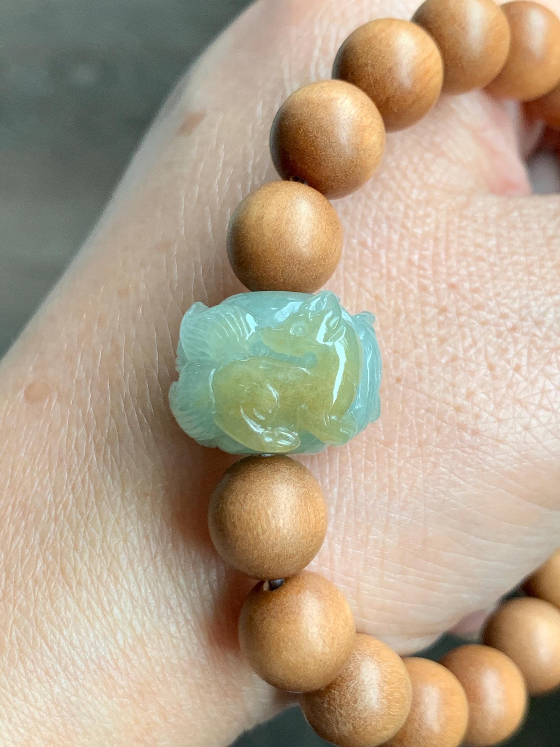 Natural Grade A Icy Translucent Light Green Yellow Marbled Jadeite Nine-tailed Fox Barrel Bead Beaded Bracelet 7” 天然冰晴底飘黄翡翠九尾狐珠木珠手串 MSH280