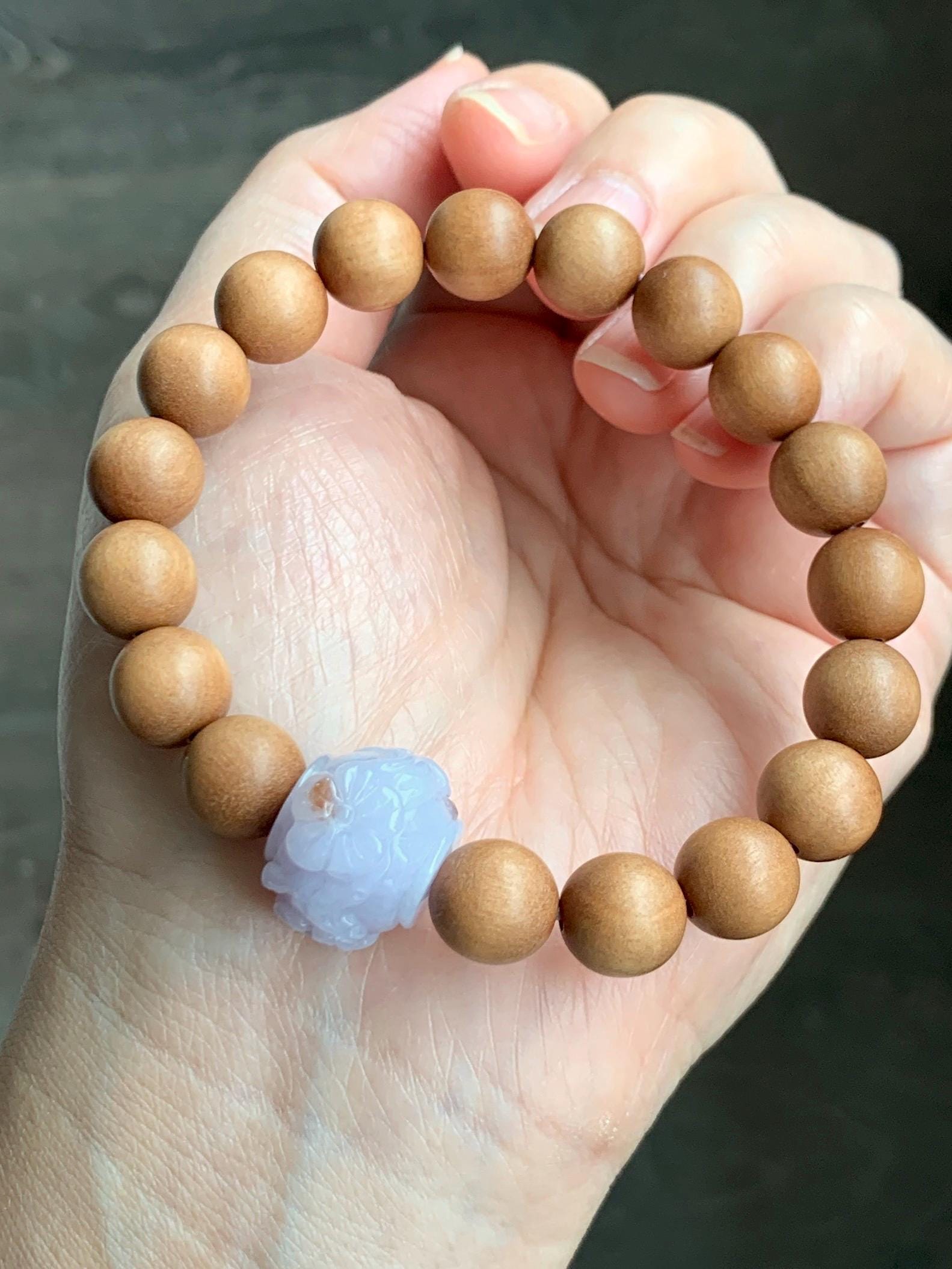 Natural Grade A Icy Translucent Pastel Purple Brown Marbled Jadeite Cherry Blossom Drum Bead Beaded Bracelet 7.25” 天然冰紫飘红翡翠梅花珠木珠手串 MZH195A