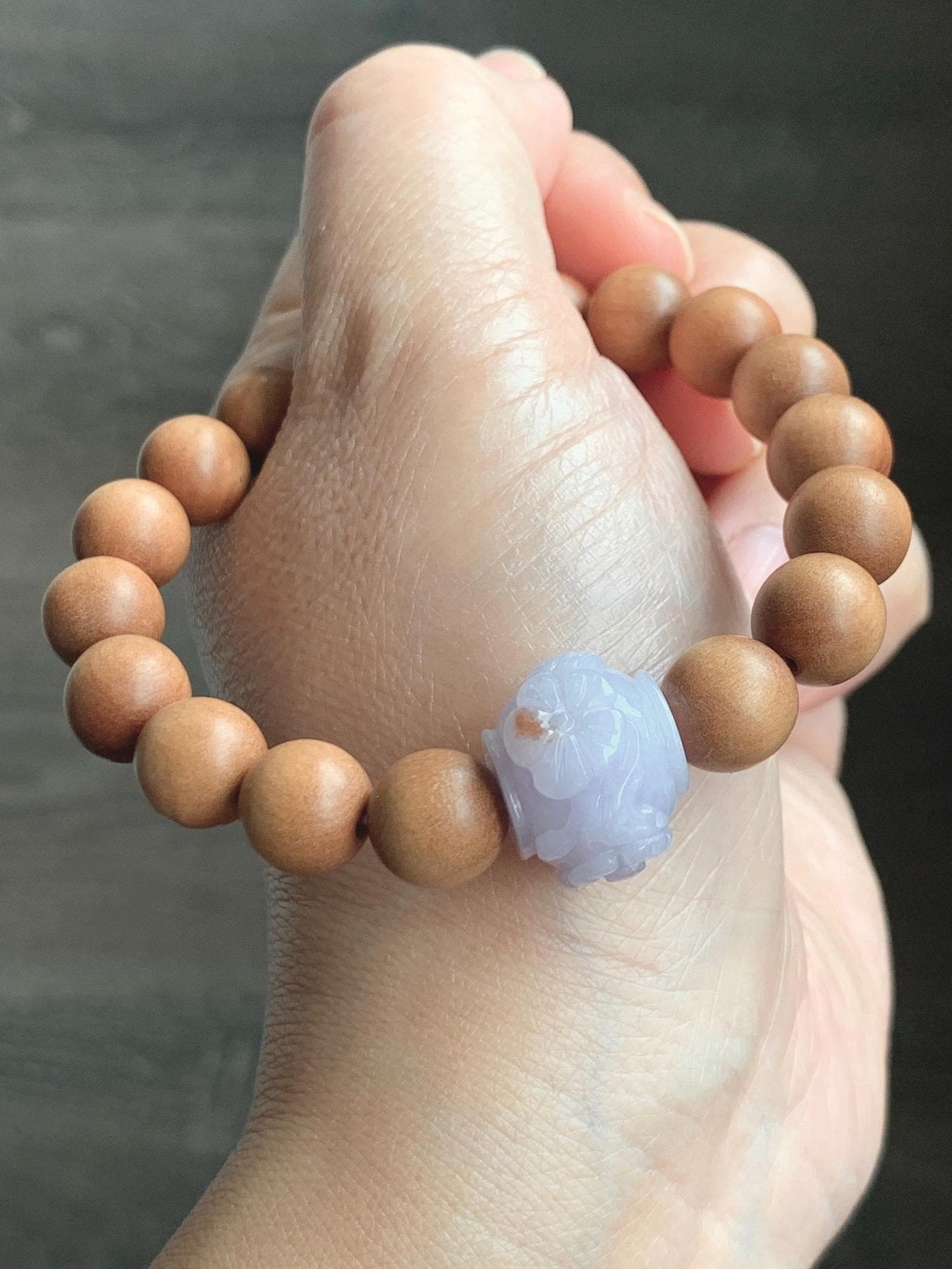 Natural Grade A Icy Translucent Pastel Purple Brown Marbled Jadeite Cherry Blossom Drum Bead Beaded Bracelet 7.25” 天然冰紫飘红翡翠梅花珠木珠手串 MZH195A