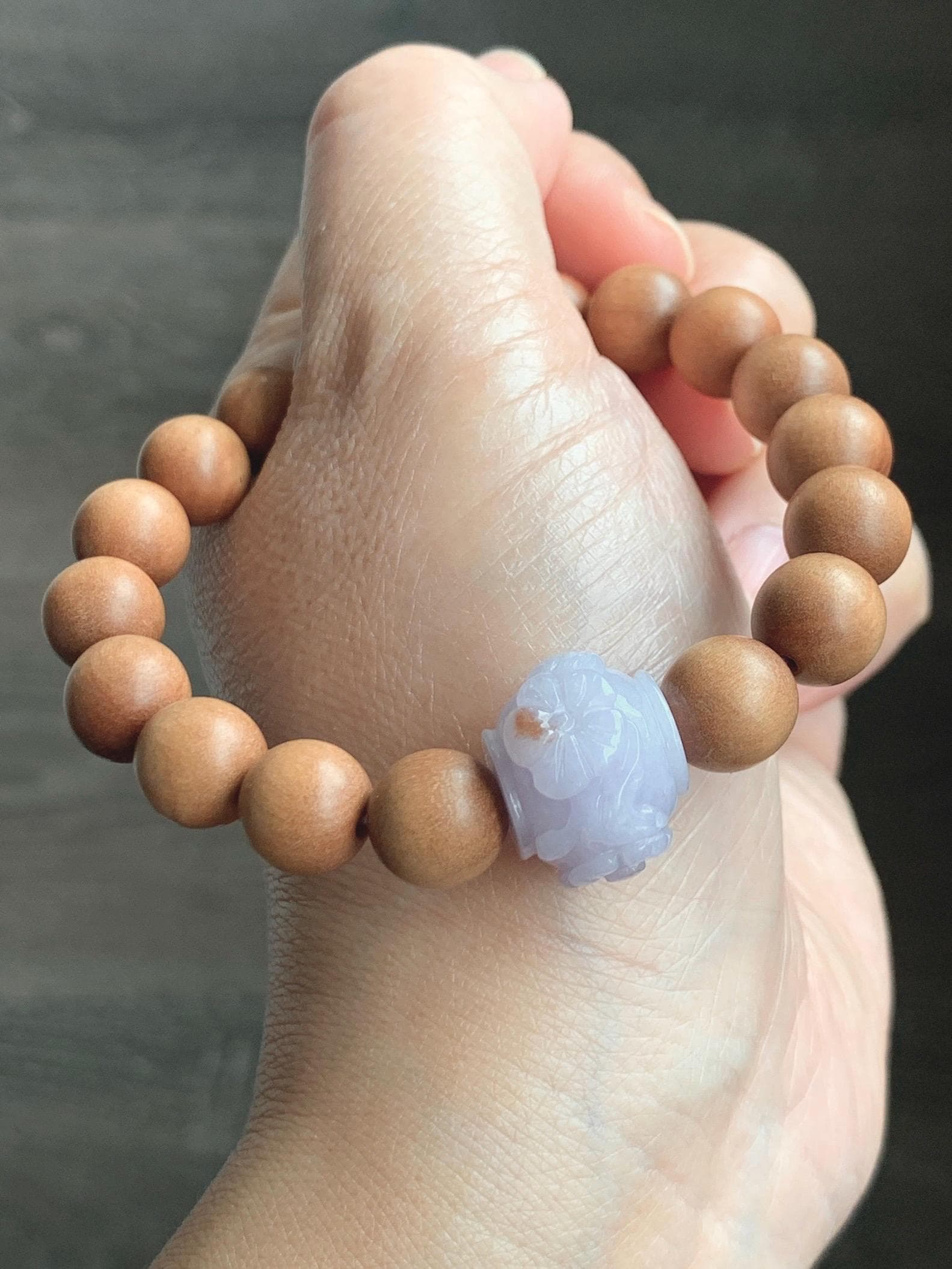 Natural Grade A Icy Translucent Pastel Purple Brown Marbled Jadeite Cherry Blossom Drum Bead Beaded Bracelet 7.25” 天然冰紫飘红翡翠梅花珠木珠手串 MZH195A