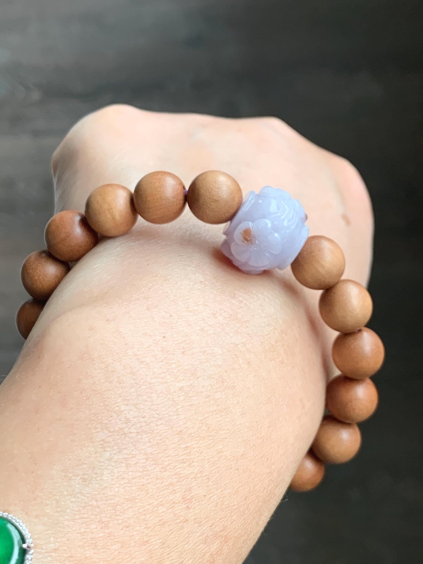 Natural Grade A Icy Translucent Pastel Purple Brown Marbled Jadeite Cherry Blossom Drum Bead Beaded Bracelet 7.25” 天然冰紫飘红翡翠梅花珠木珠手串 MZH195A