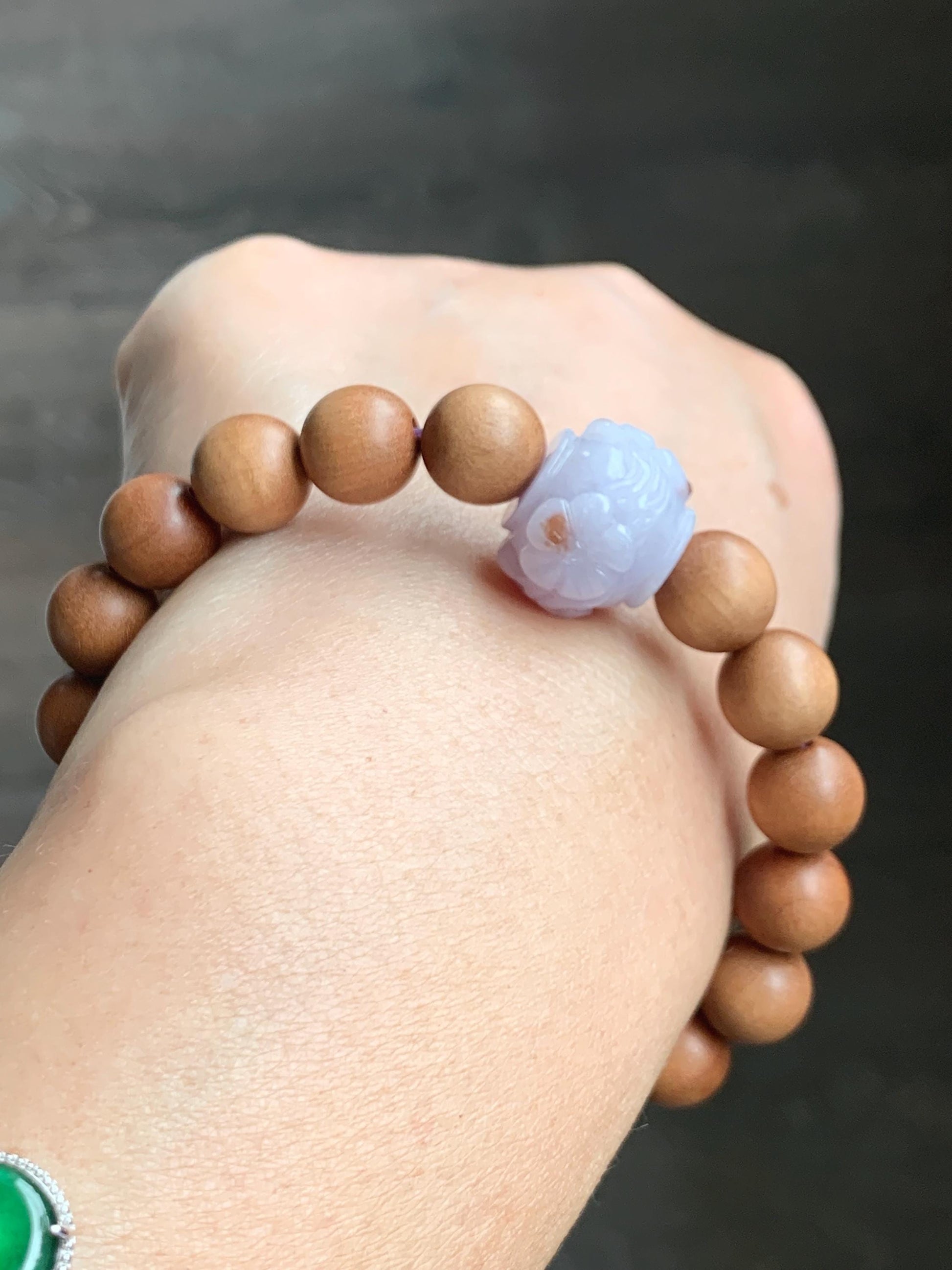 Natural Grade A Icy Translucent Pastel Purple Brown Marbled Jadeite Cherry Blossom Drum Bead Beaded Bracelet 7.25” 天然冰紫飘红翡翠梅花珠木珠手串 MZH195A