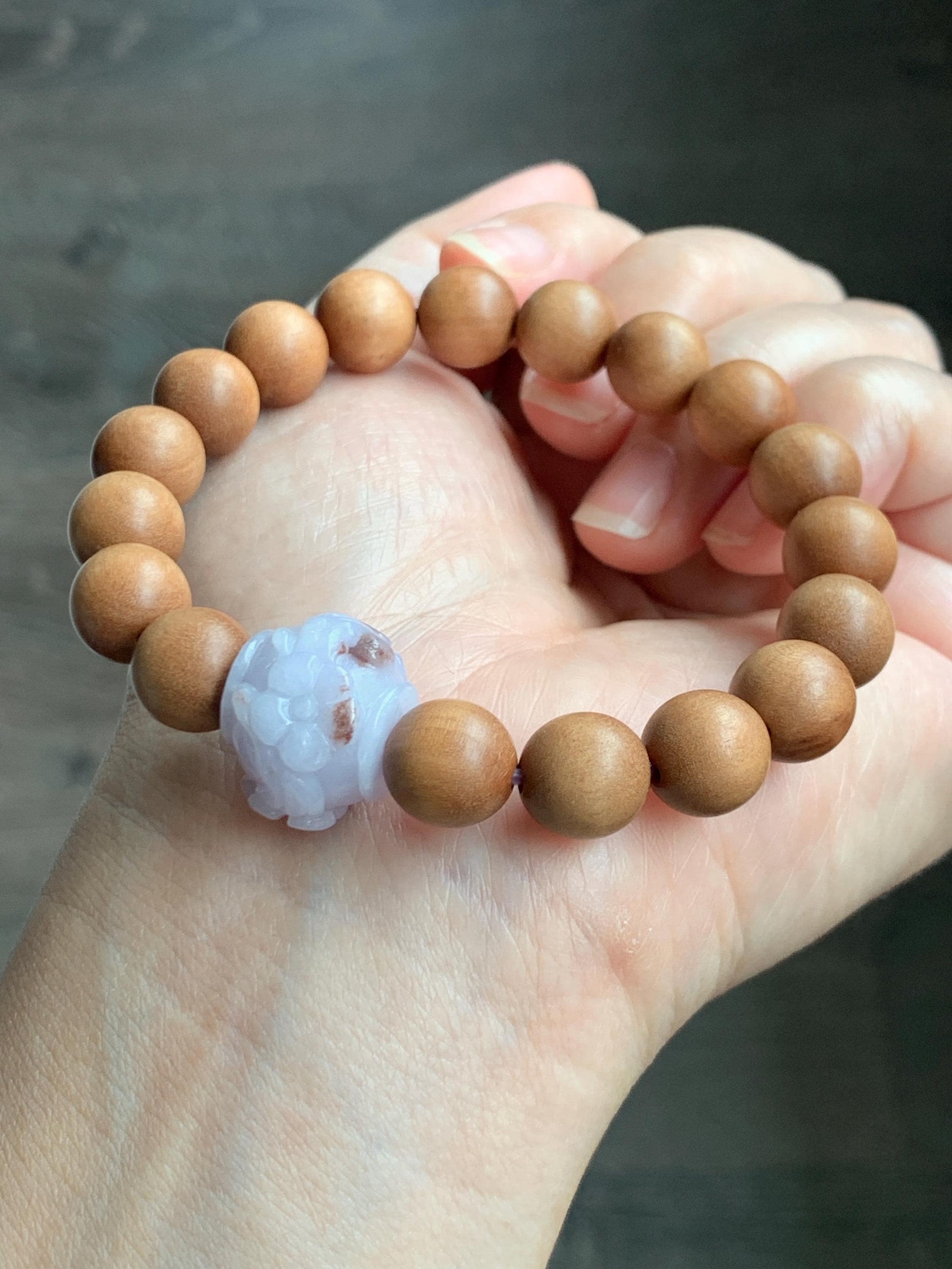 Natural Grade A Icy Translucent Pastel Purple Brown Marbled Jadeite Cherry Blossom Drum Bead Beaded Bracelet 7.25” 天然冰紫飘红翡翠梅花珠木珠手串 MZH195A
