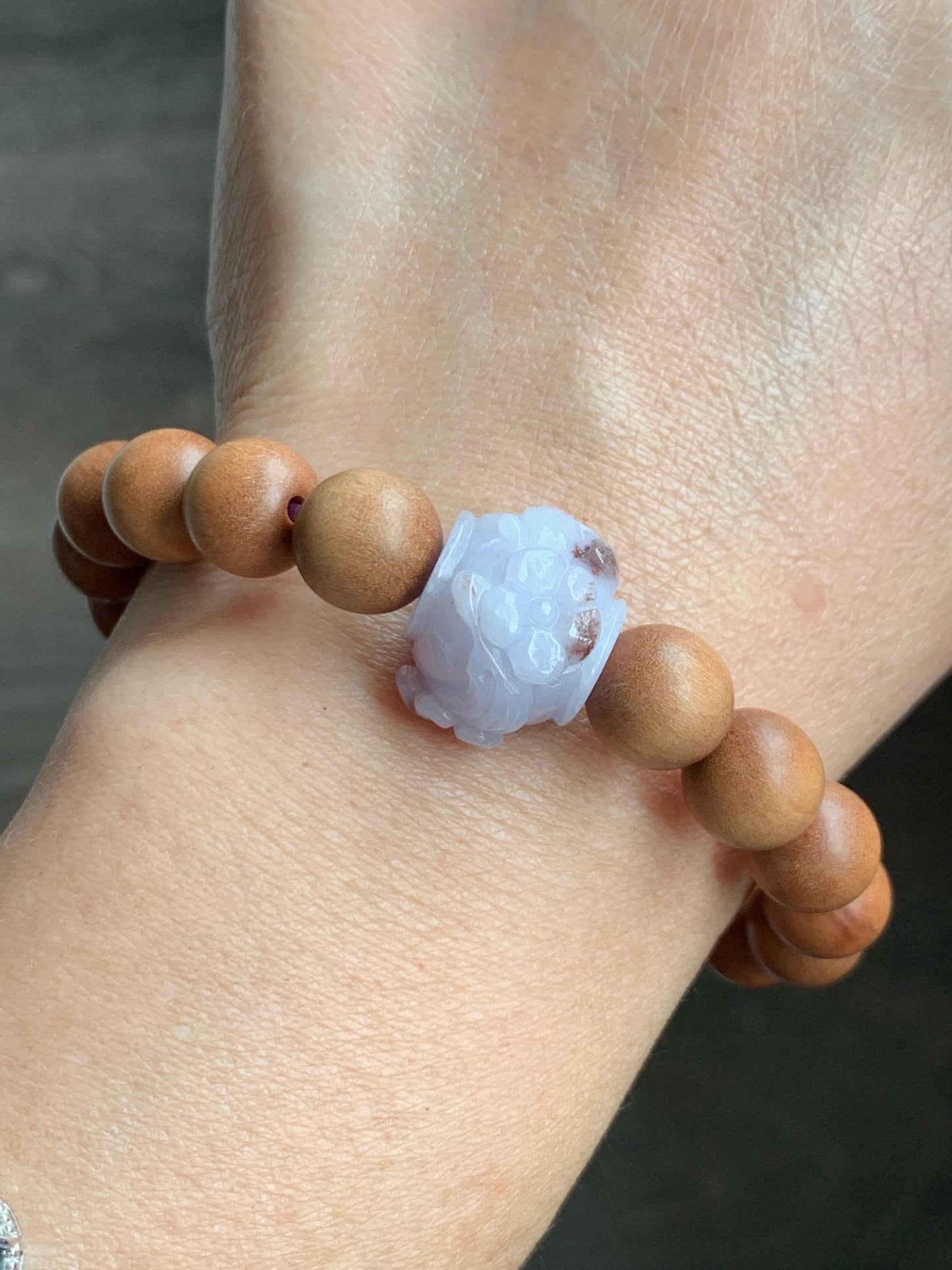 Natural Grade A Icy Translucent Pastel Purple Brown Marbled Jadeite Cherry Blossom Drum Bead Beaded Bracelet 7.25” 天然冰紫飘红翡翠梅花珠木珠手串 MZH195A