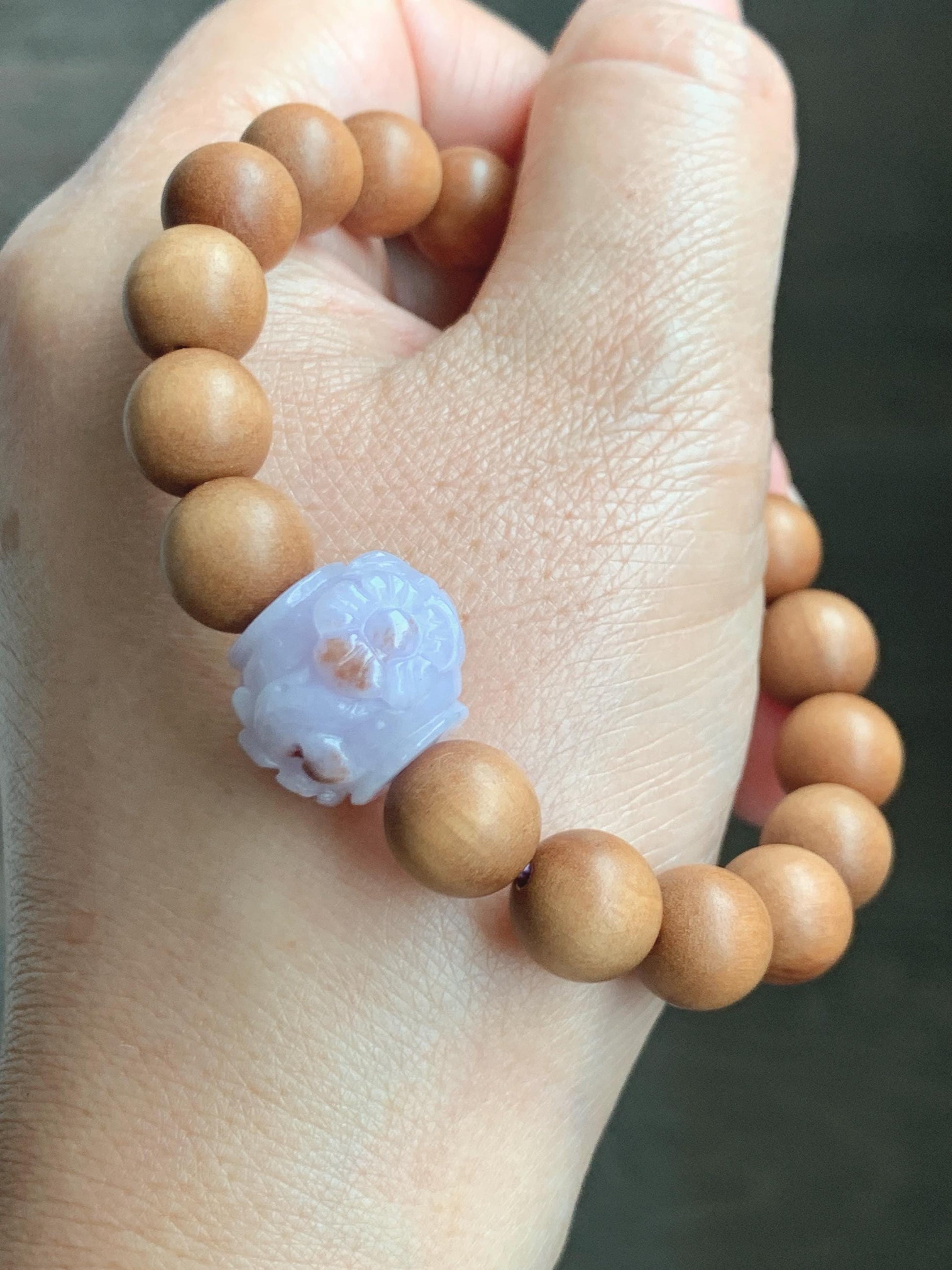 Natural Grade A Icy Translucent Pastel Purple Brown Marbled Jadeite Cherry Blossom Drum Bead Beaded Bracelet 7.25” 天然冰紫飘红翡翠梅花珠木珠手串 MZH195A
