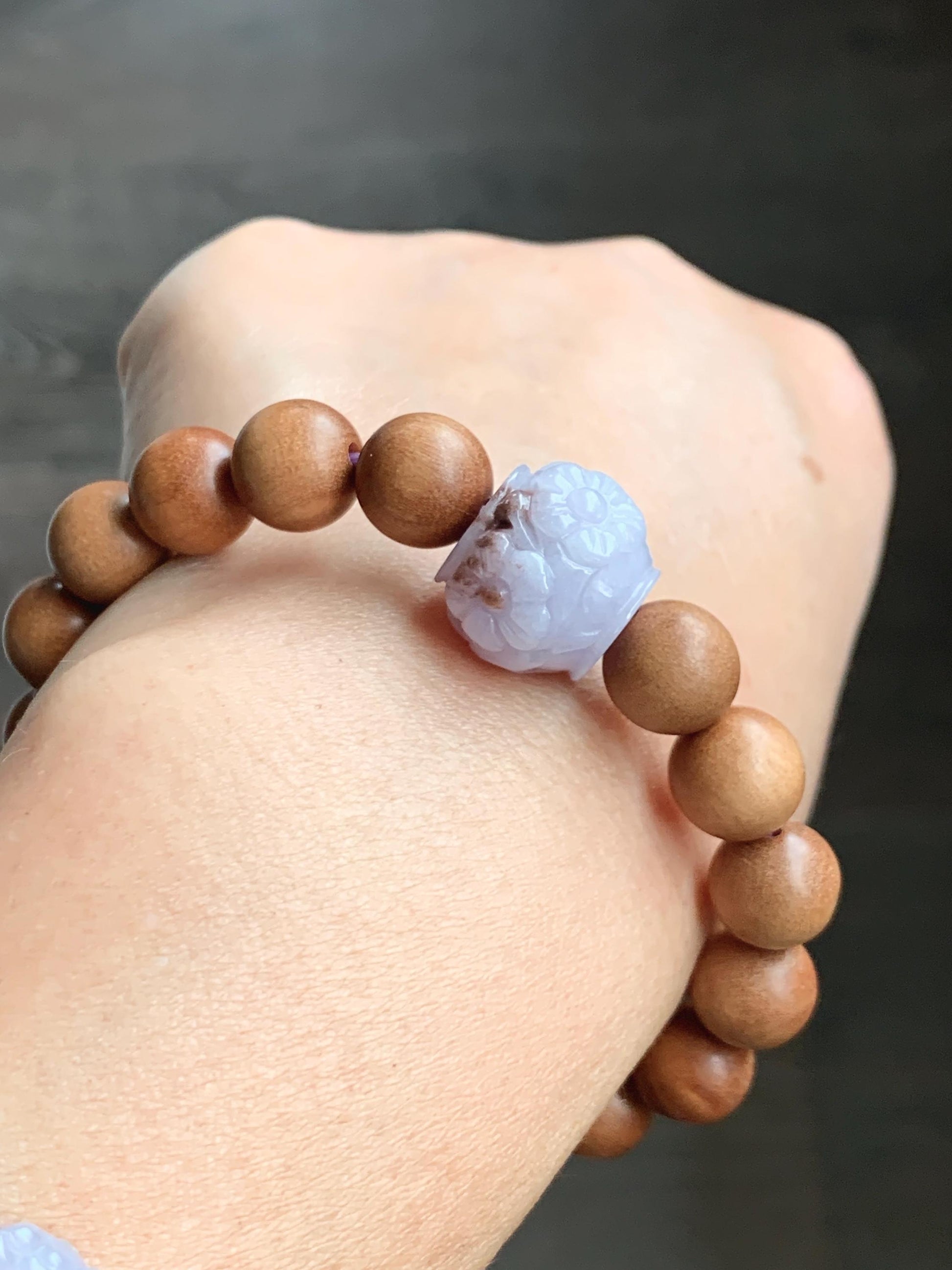 Natural Grade A Icy Translucent Pastel Purple Brown Marbled Jadeite Cherry Blossom Drum Bead Beaded Bracelet 6.5” 天然冰紫飘红翡翠梅花珠木珠手串 MZH195B