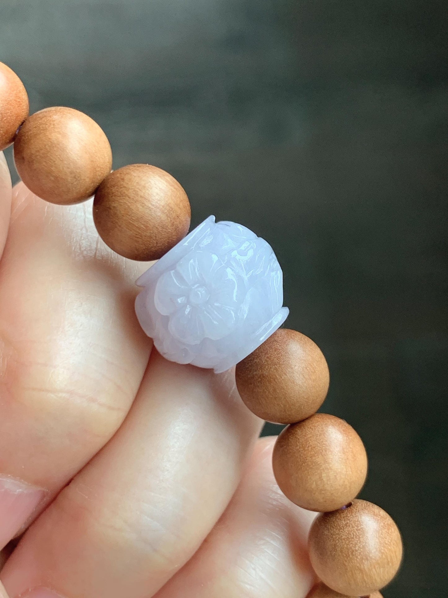 Natural Grade A Icy Translucent Pastel Purple Brown Marbled Jadeite Cherry Blossom Drum Bead Beaded Bracelet 6.5” 天然冰紫飘红翡翠梅花珠木珠手串 MZH195B