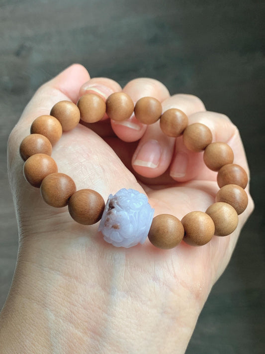 Natural Grade A Icy Translucent Pastel Purple Brown Marbled Jadeite Cherry Blossom Drum Bead Beaded Bracelet 6.5” 天然冰紫飘红翡翠梅花珠木珠手串 MZH195B