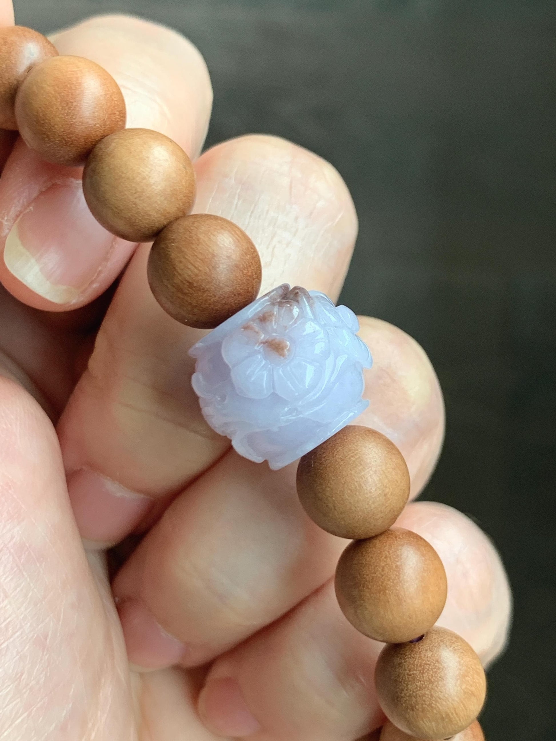 Natural Grade A Icy Translucent Pastel Purple Brown Marbled Jadeite Cherry Blossom Drum Bead Beaded Bracelet 6.5” 天然冰紫飘红翡翠梅花珠木珠手串 MZH195B