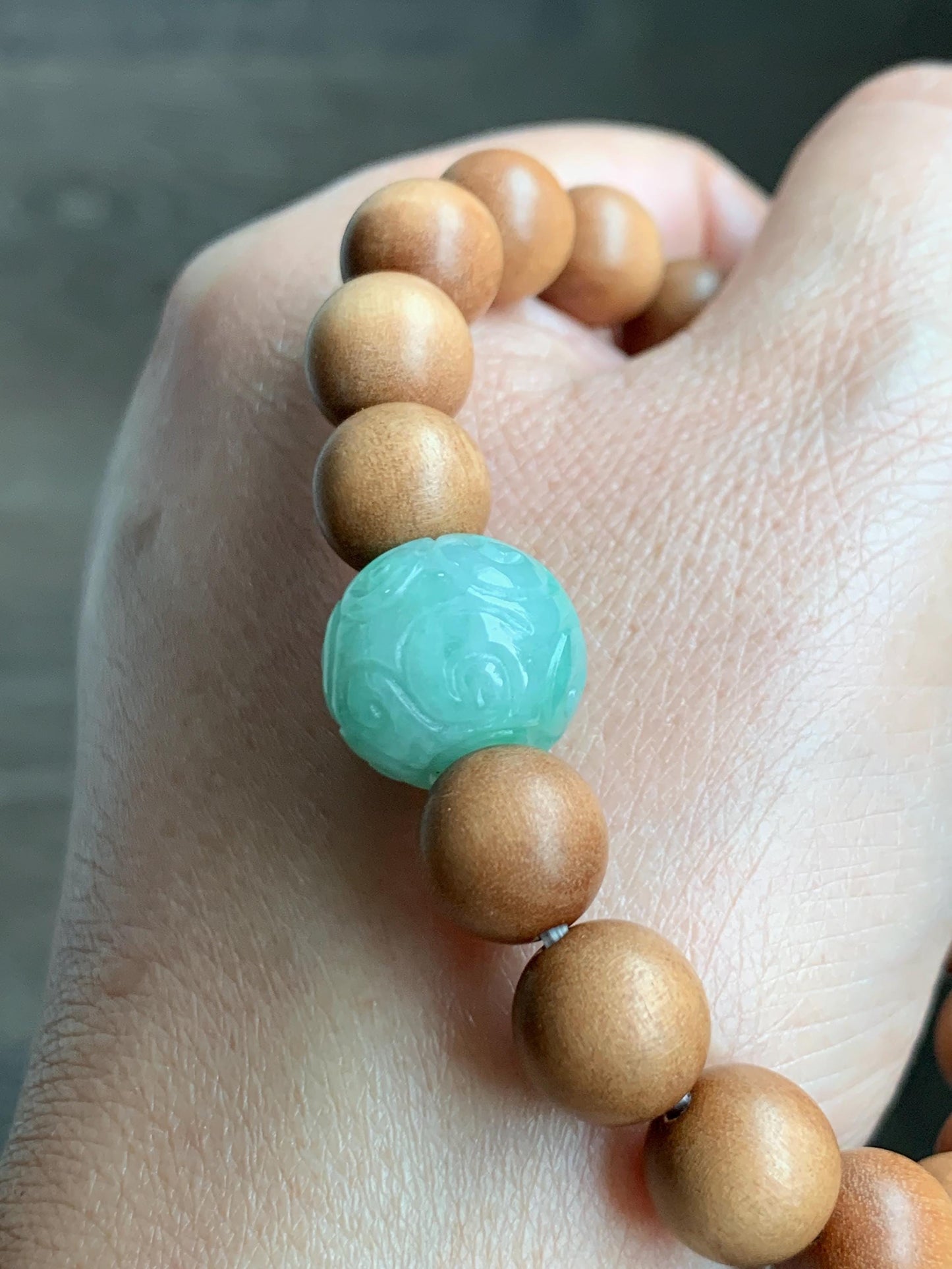 Natural Grade A Icy Translucent Light Apple Green Jade Jadeite Engraved Barrel Bead Beaded Bracelet 7.25” 15g 天然冰浅果绿翡翠桶珠木珠手串 MGL99A