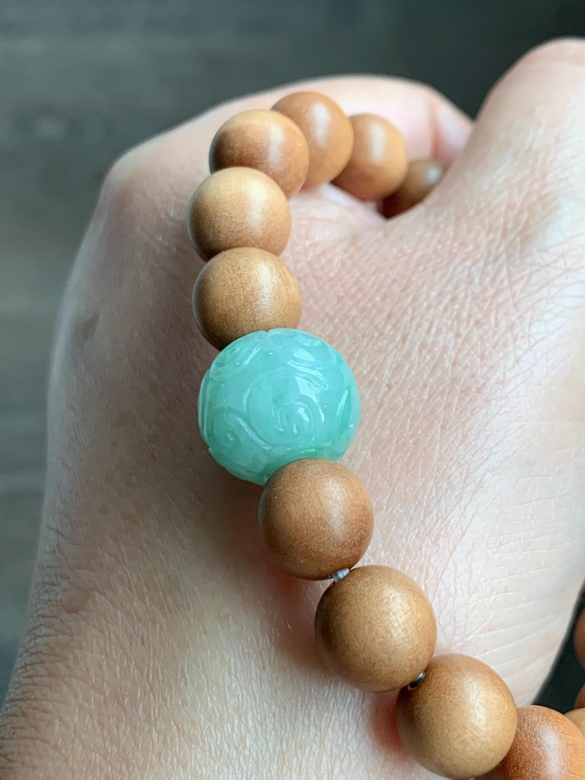 Natural Grade A Icy Translucent Light Apple Green Jade Jadeite Engraved Barrel Bead Beaded Bracelet 7.25” 15g 天然冰浅果绿翡翠桶珠木珠手串 MGL99A