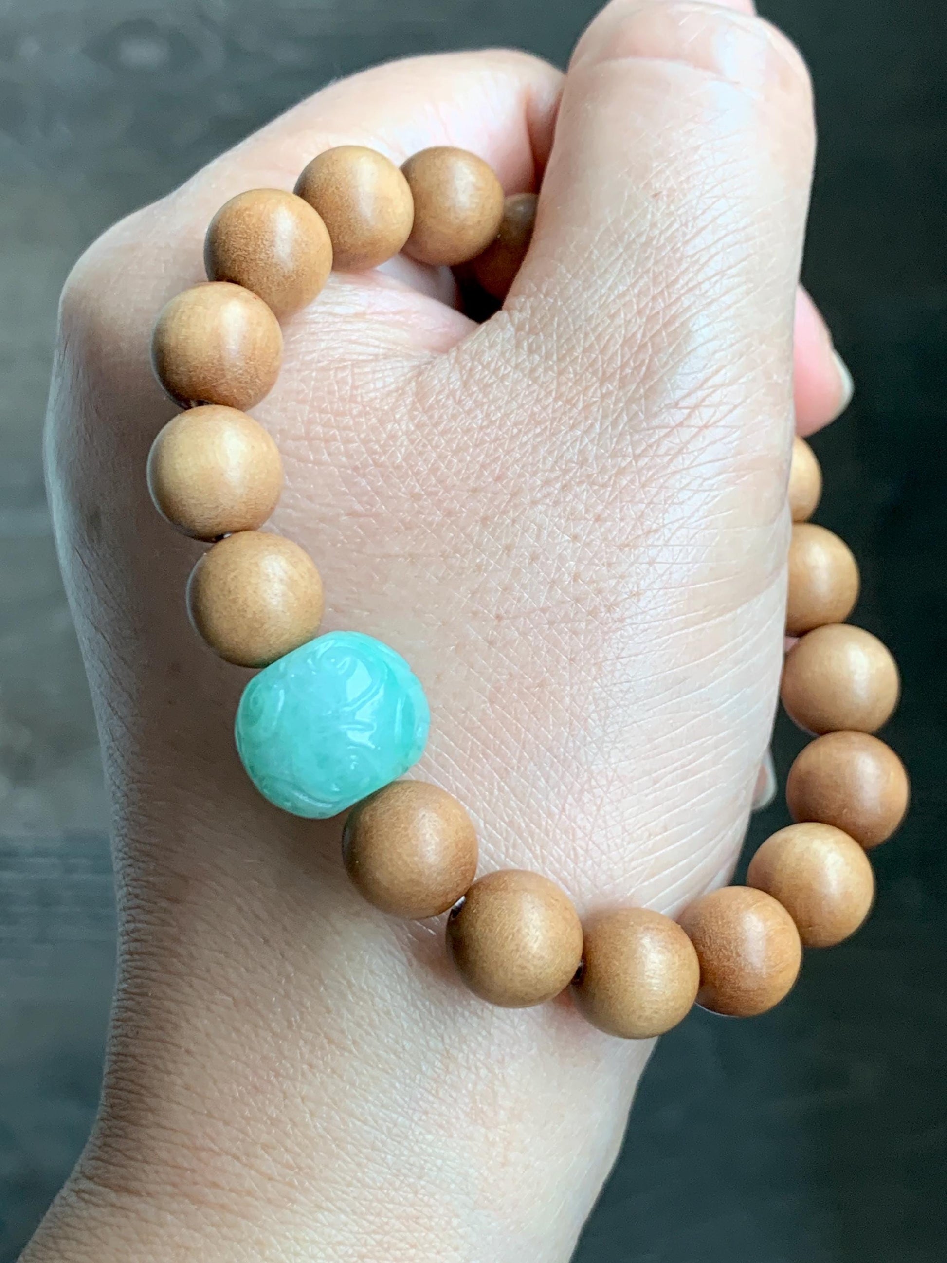 Natural Grade A Icy Translucent Light Apple Green Jade Jadeite Engraved Barrel Bead Beaded Bracelet 7.25” 15g 天然冰浅果绿翡翠桶珠木珠手串 MGL99A