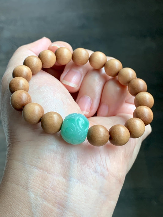Natural Grade A Icy Translucent Light Apple Green Jade Jadeite Engraved Barrel Bead Beaded Bracelet 7.25” 15g 天然冰浅果绿翡翠桶珠木珠手串 MGL99A