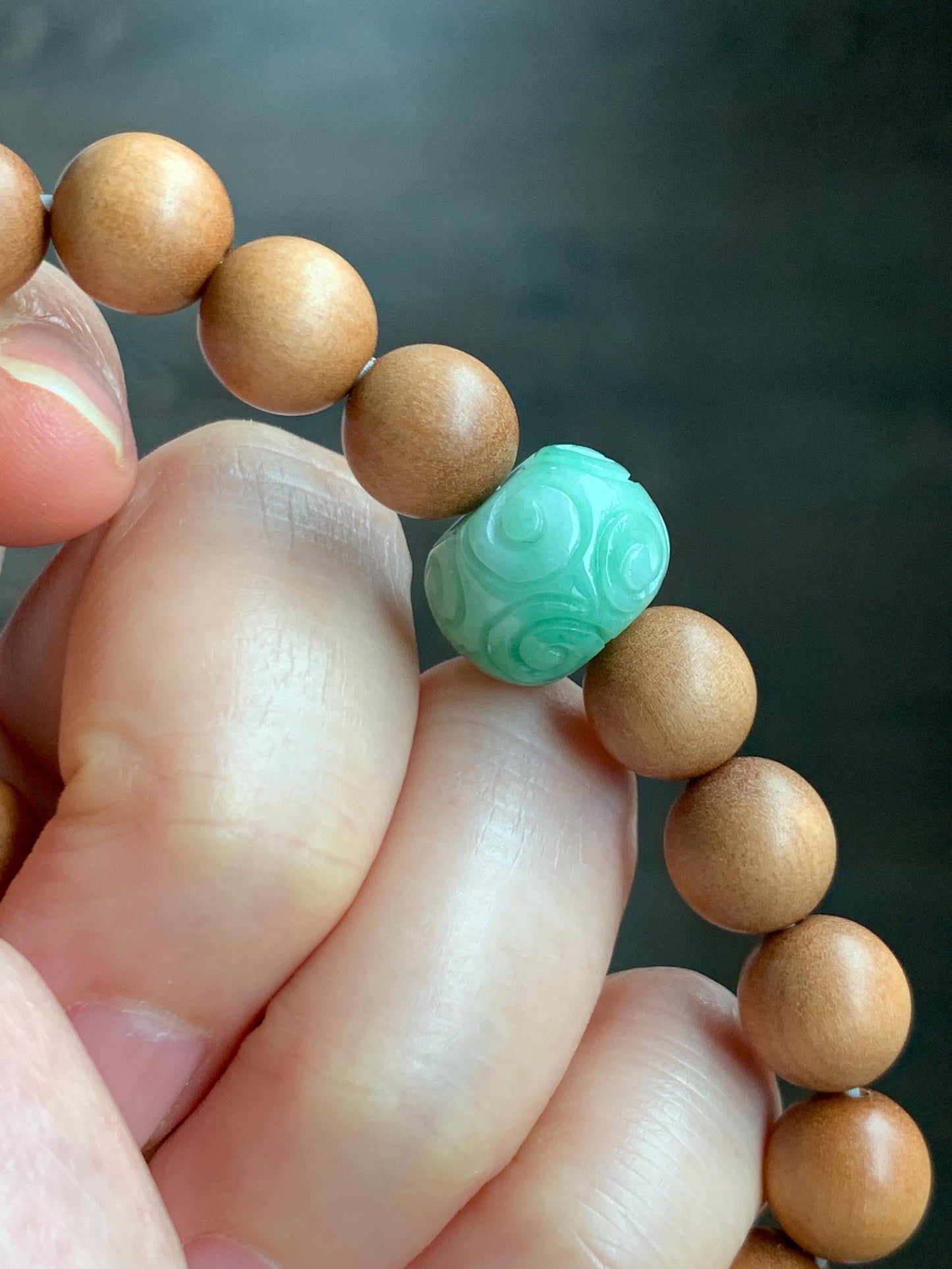 Natural Grade A Icy Translucent Light Apple Green Jade Jadeite Engraved Barrel Bead Beaded Bracelet 7.25” 15g 天然冰浅果绿翡翠桶珠木珠手串 MGL99B