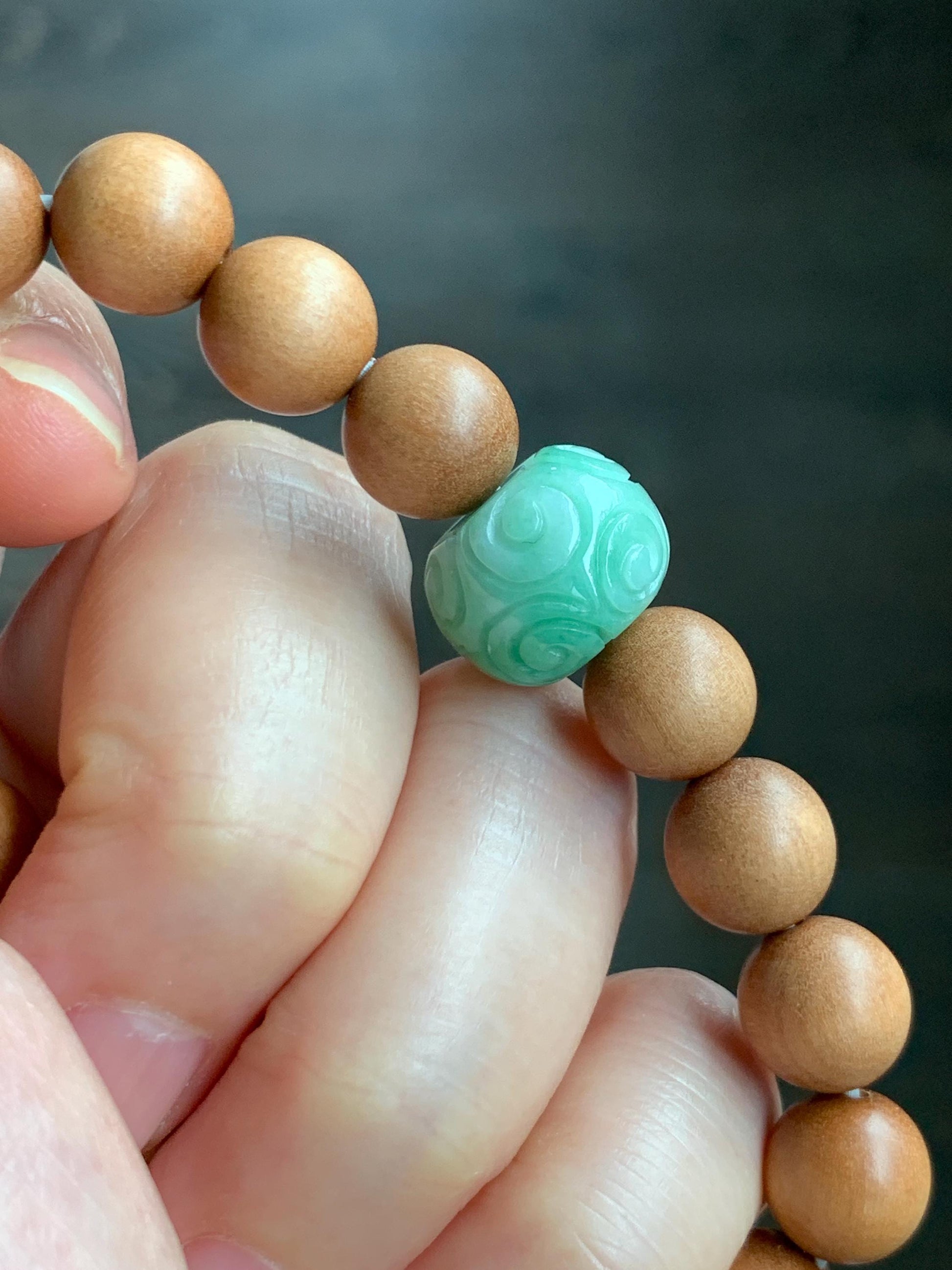 Natural Grade A Icy Translucent Light Apple Green Jade Jadeite Engraved Barrel Bead Beaded Bracelet 7.25” 15g 天然冰浅果绿翡翠桶珠木珠手串 MGL99B