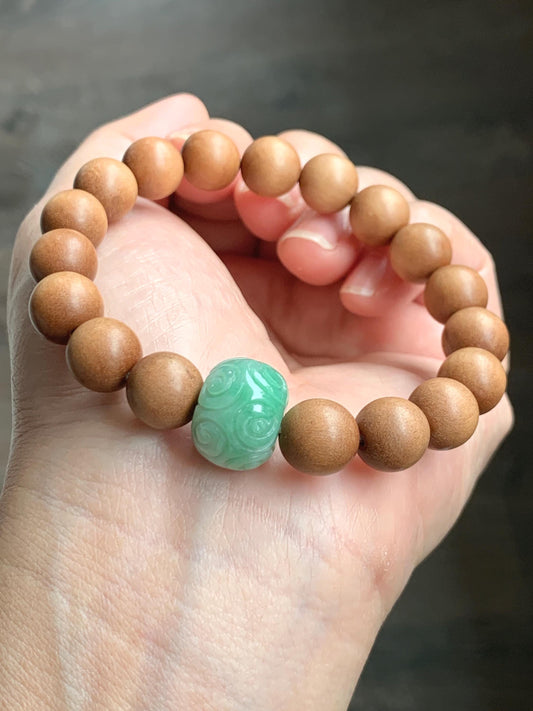 Natural Grade A Icy Translucent Light Apple Green Jade Jadeite Engraved Barrel Bead Beaded Bracelet 7.25” 15g 天然冰浅果绿翡翠桶珠木珠手串 MGL99B