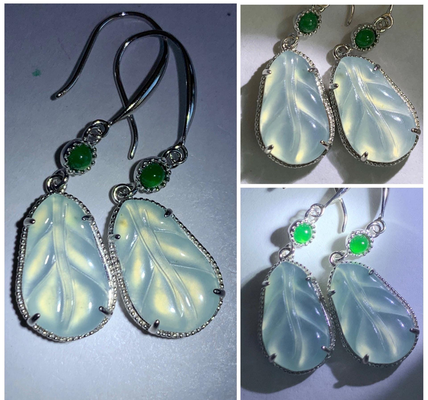 Natural Guatemalan Grade A Icy Highly Translucent Pastel Teal Jade Jadeite Leaf Dangle Earrings Sterling Silver 天然高冰危晴蓝底翡翠叶子银耳钩 XYD240A