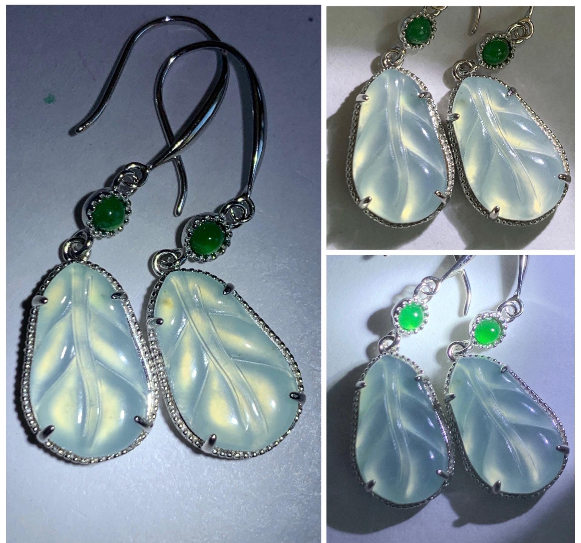 Natural Guatemalan Grade A Icy Highly Translucent Pastel Teal Jade Jadeite Leaf Dangle Earrings Sterling Silver 天然高冰危晴蓝底翡翠叶子银耳钩 XYD240A