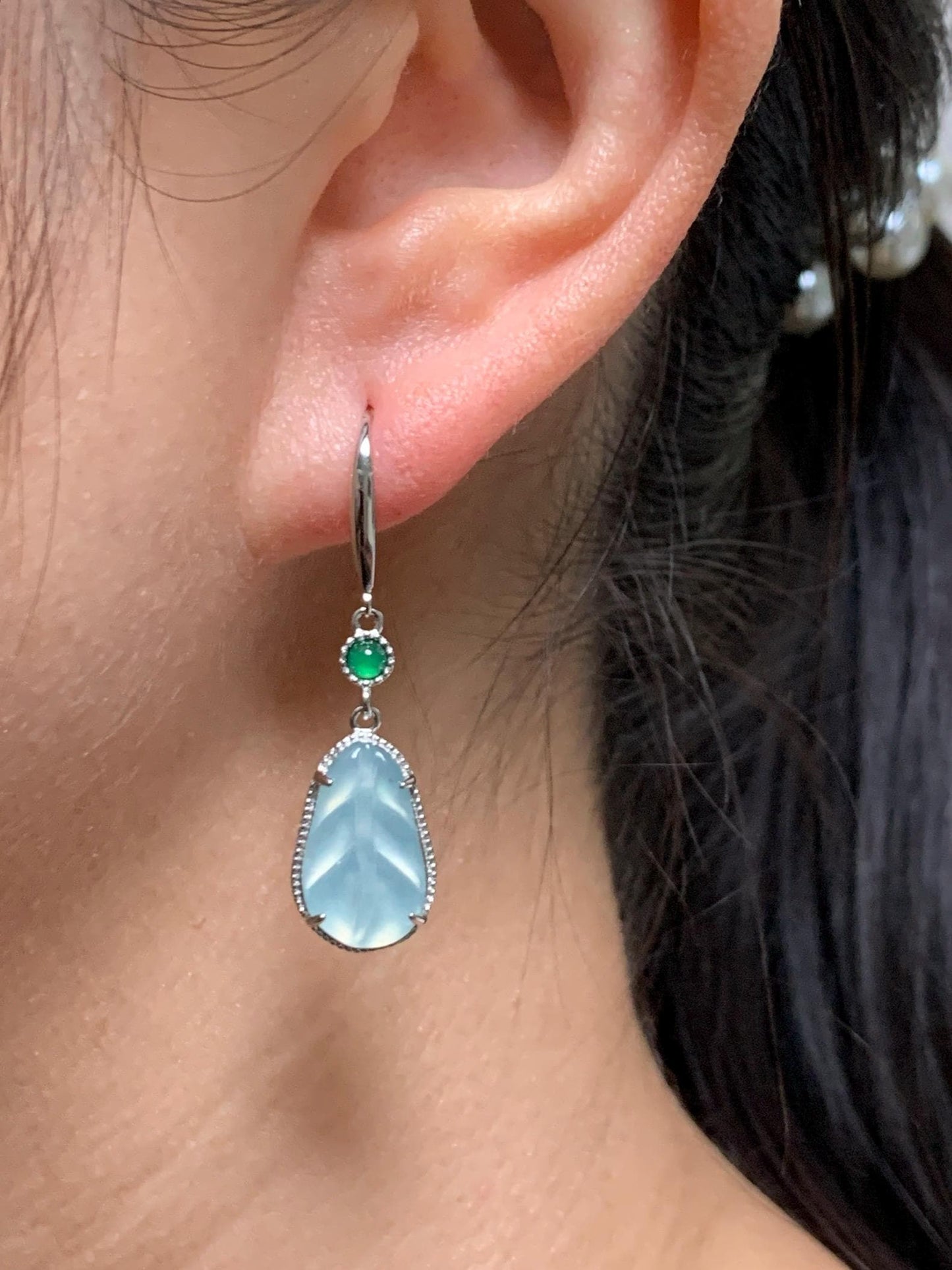 Natural Guatemalan Grade A Icy Highly Translucent Pastel Teal Jade Jadeite Leaf Dangle Earrings Sterling Silver 天然高冰危晴蓝底翡翠叶子银耳钩 XYD240A