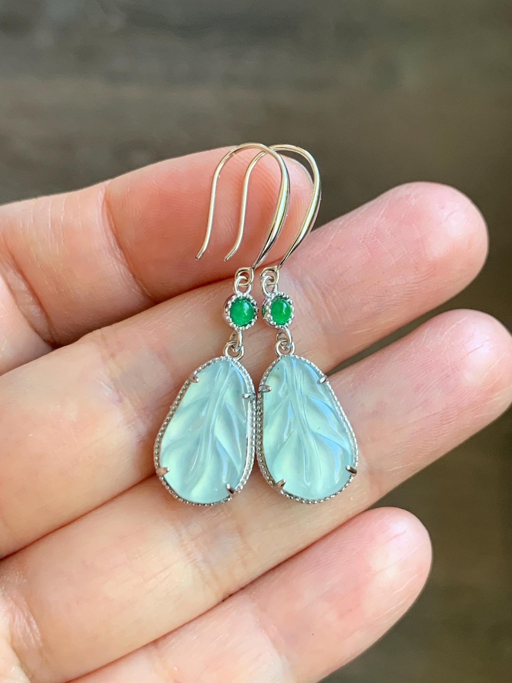 Natural Guatemalan Grade A Icy Highly Translucent Pastel Teal Jade Jadeite Leaf Dangle Earrings Sterling Silver 天然高冰危晴蓝底翡翠叶子银耳钩 XYD240A