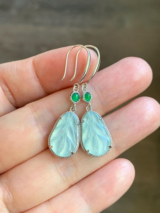 Natural Guatemalan Grade A Icy Highly Translucent Pastel Teal Jade Jadeite Leaf Dangle Earrings Sterling Silver 天然高冰危晴蓝底翡翠叶子银耳钩 XYD240A