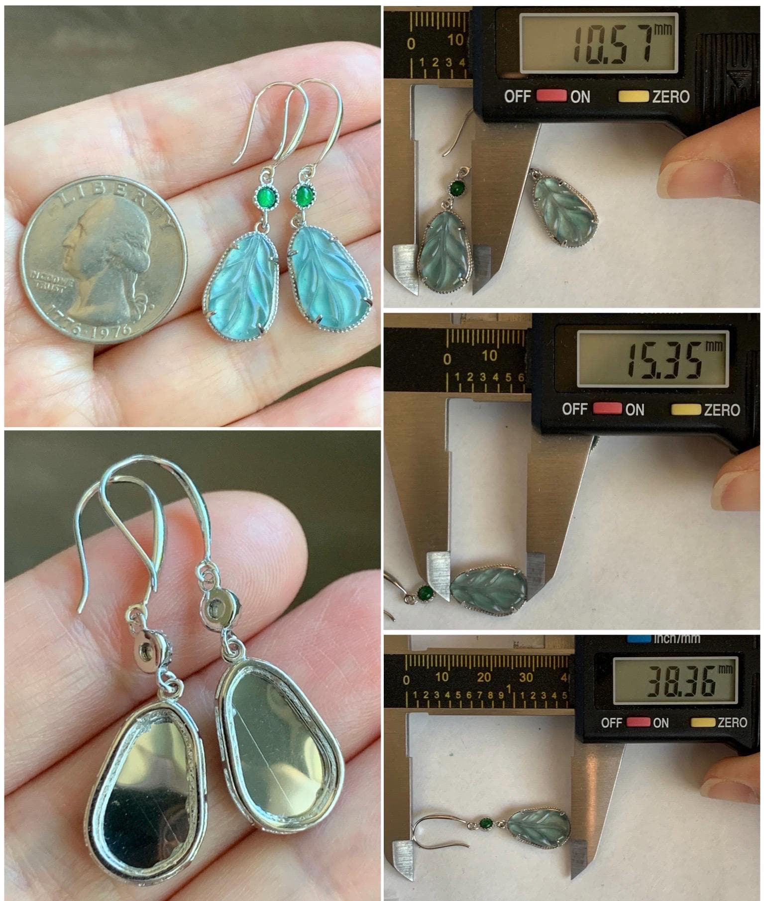 Natural Guatemalan Grade A Icy Highly Translucent Light Teal Jade Jadeite Leaf Dangle Earrings Sterling Silver 天然高冰危晴蓝翡翠叶子银耳钩 XYD240B