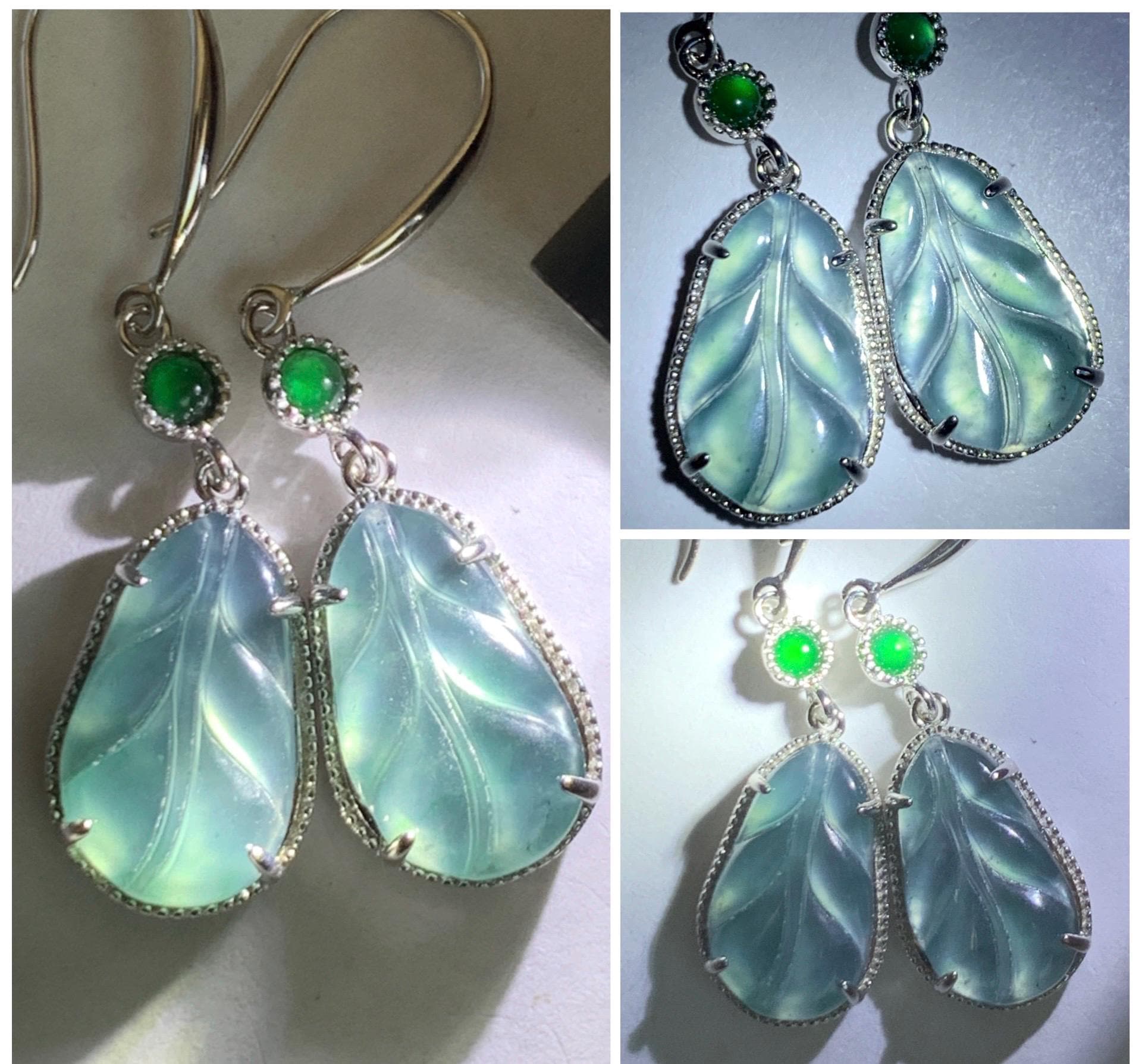 Natural Guatemalan Grade A Icy Highly Translucent Light Teal Jade Jadeite Leaf Dangle Earrings Sterling Silver 天然高冰危晴蓝翡翠叶子银耳钩 XYD240B