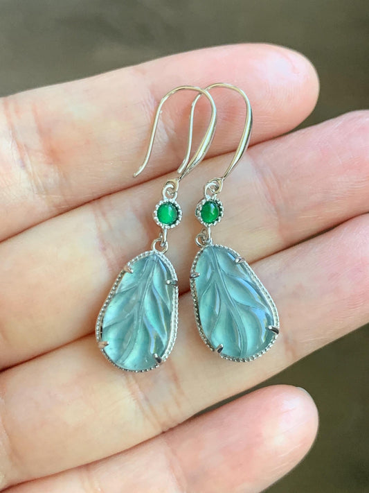 Natural Guatemalan Grade A Icy Highly Translucent Light Teal Jade Jadeite Leaf Dangle Earrings Sterling Silver 天然高冰危晴蓝翡翠叶子银耳钩 XYD240B