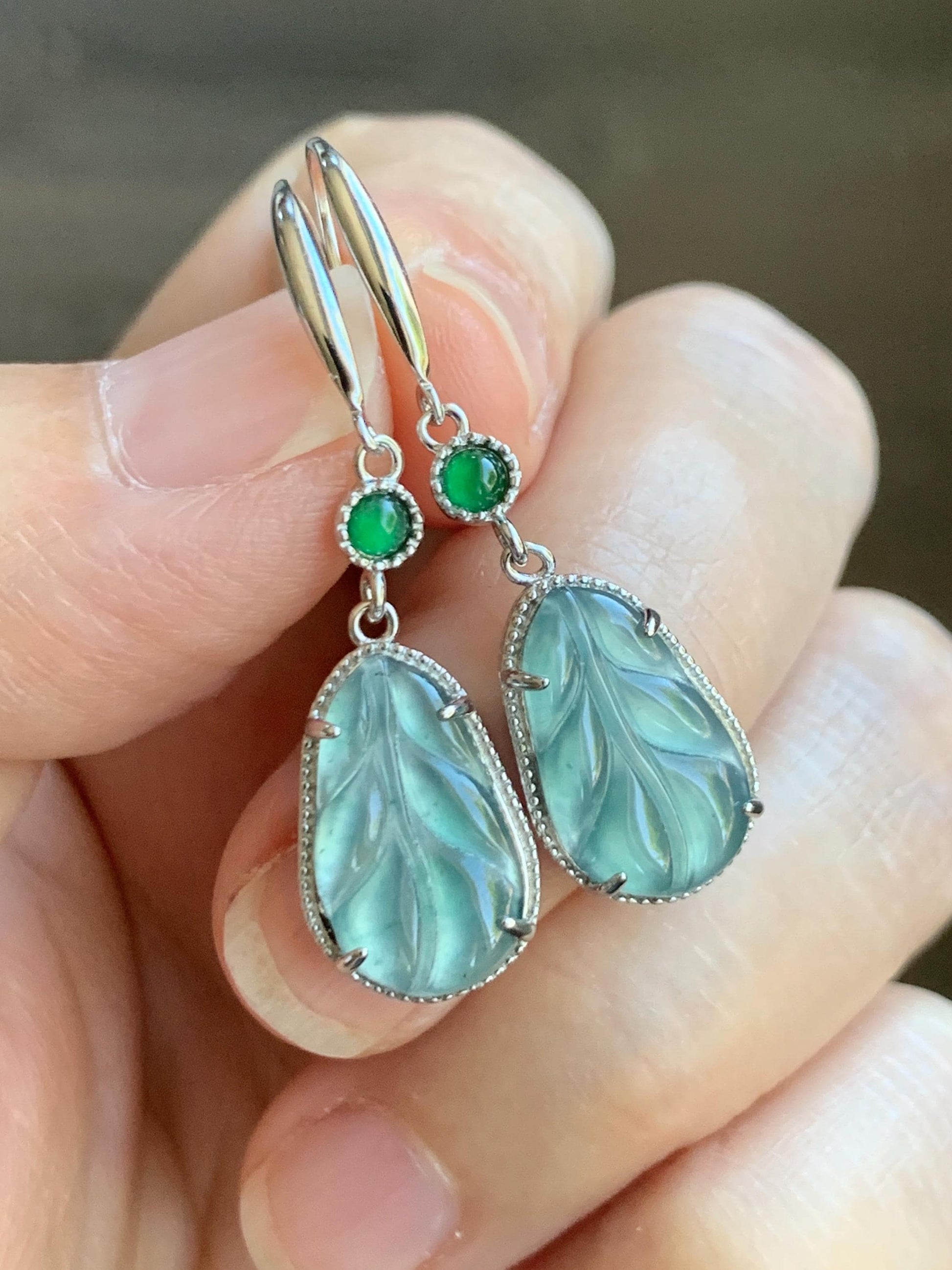 Natural Guatemalan Grade A Icy Highly Translucent Light Teal Jade Jadeite Leaf Dangle Earrings Sterling Silver 天然高冰危晴蓝翡翠叶子银耳钩 XYD240B