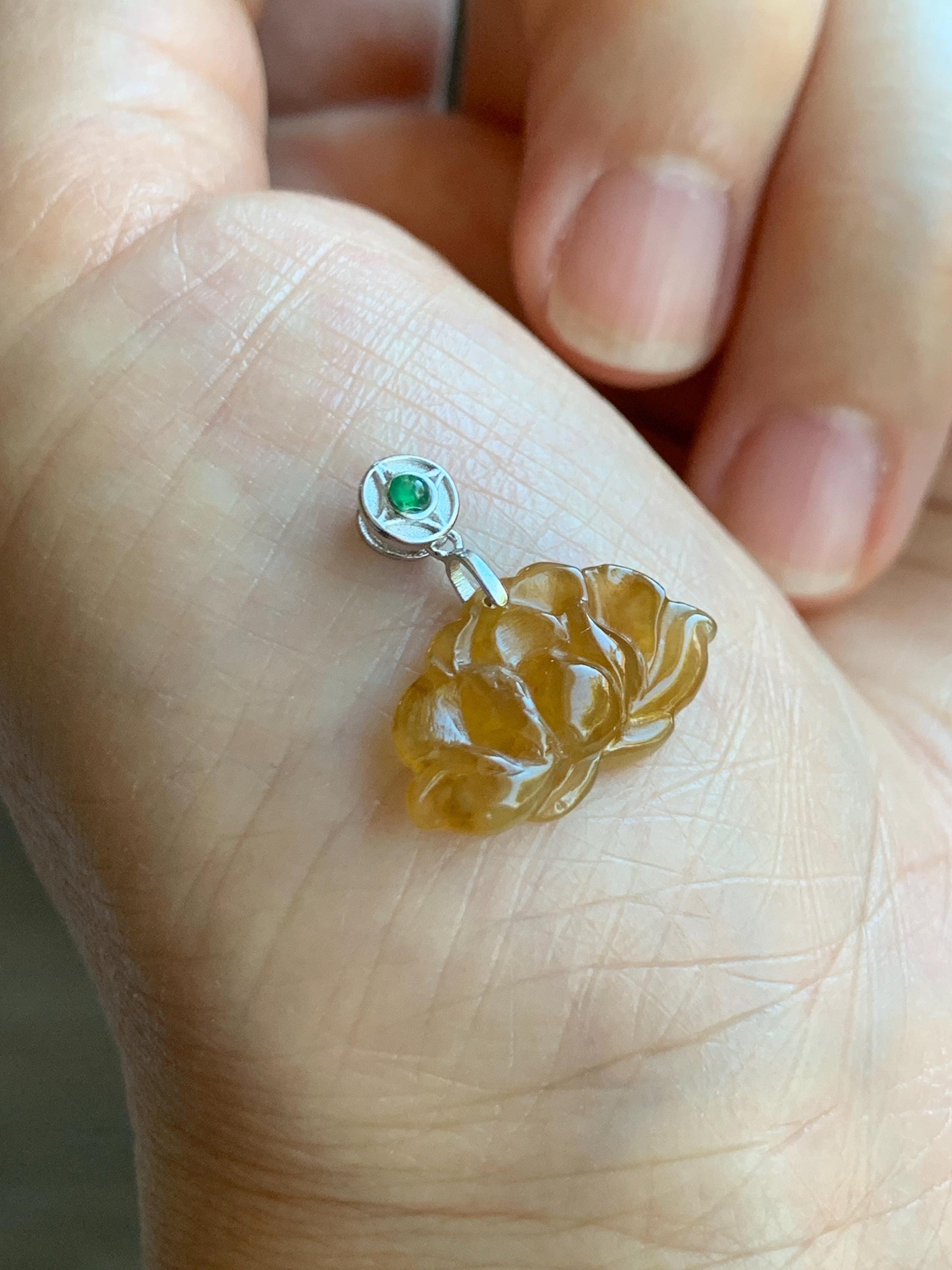 Grade A Natural Icy Highly Translucent Rich Yellow Jade Jadeite Lotus Flower Petite Pendant Sterling Silver 天然冰黄翡翠迷你莲花镶嵌吊坠 BHLH77