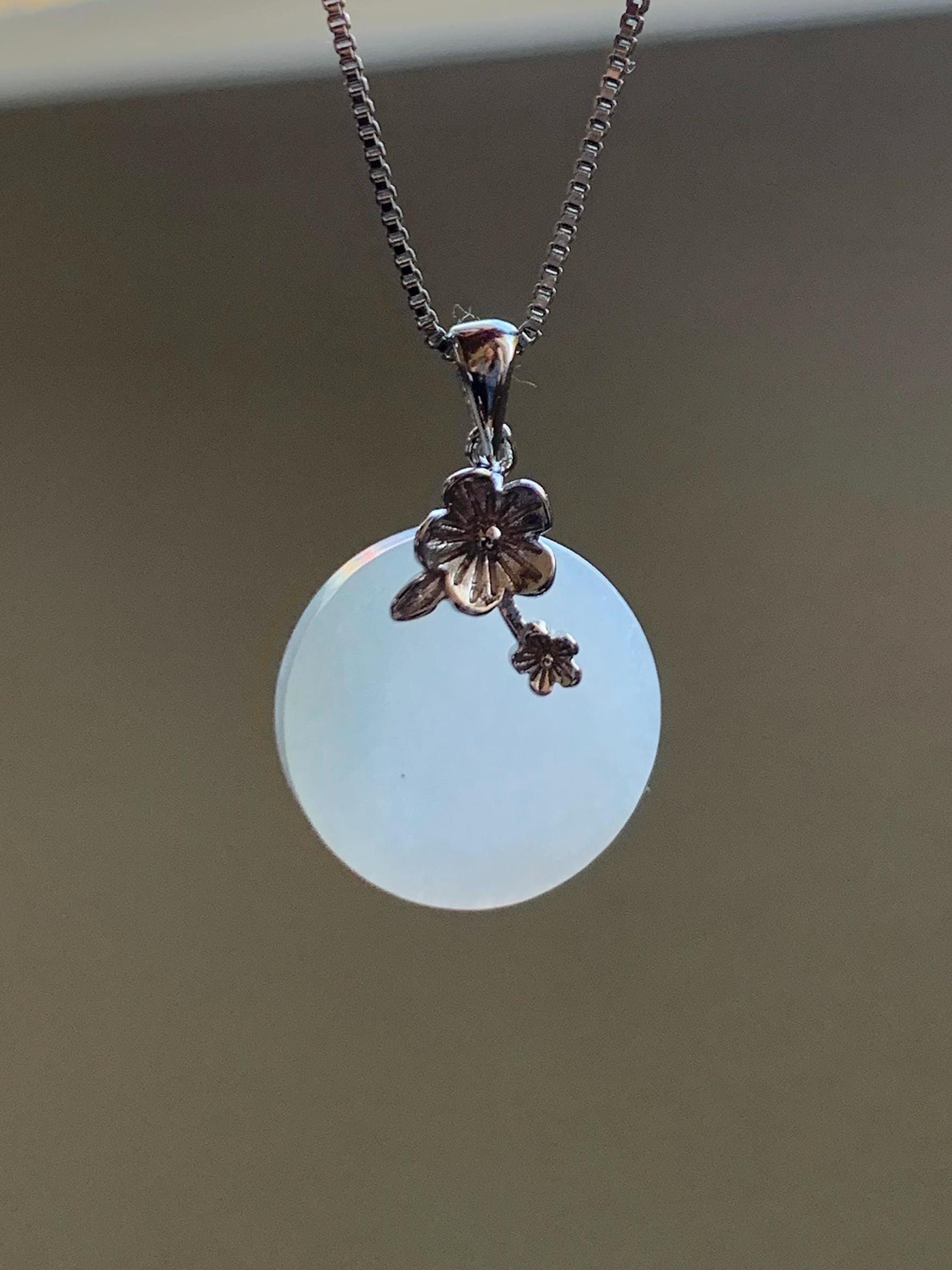 Natural Grade A Icy Translucent Jade Jadeite Small Disc Round Wu Shi Pai Pendant Sterling Silver Cherry Blossom Bail 3g 天然白冰淡紫底翡翠无事牌吊坠 YWS65