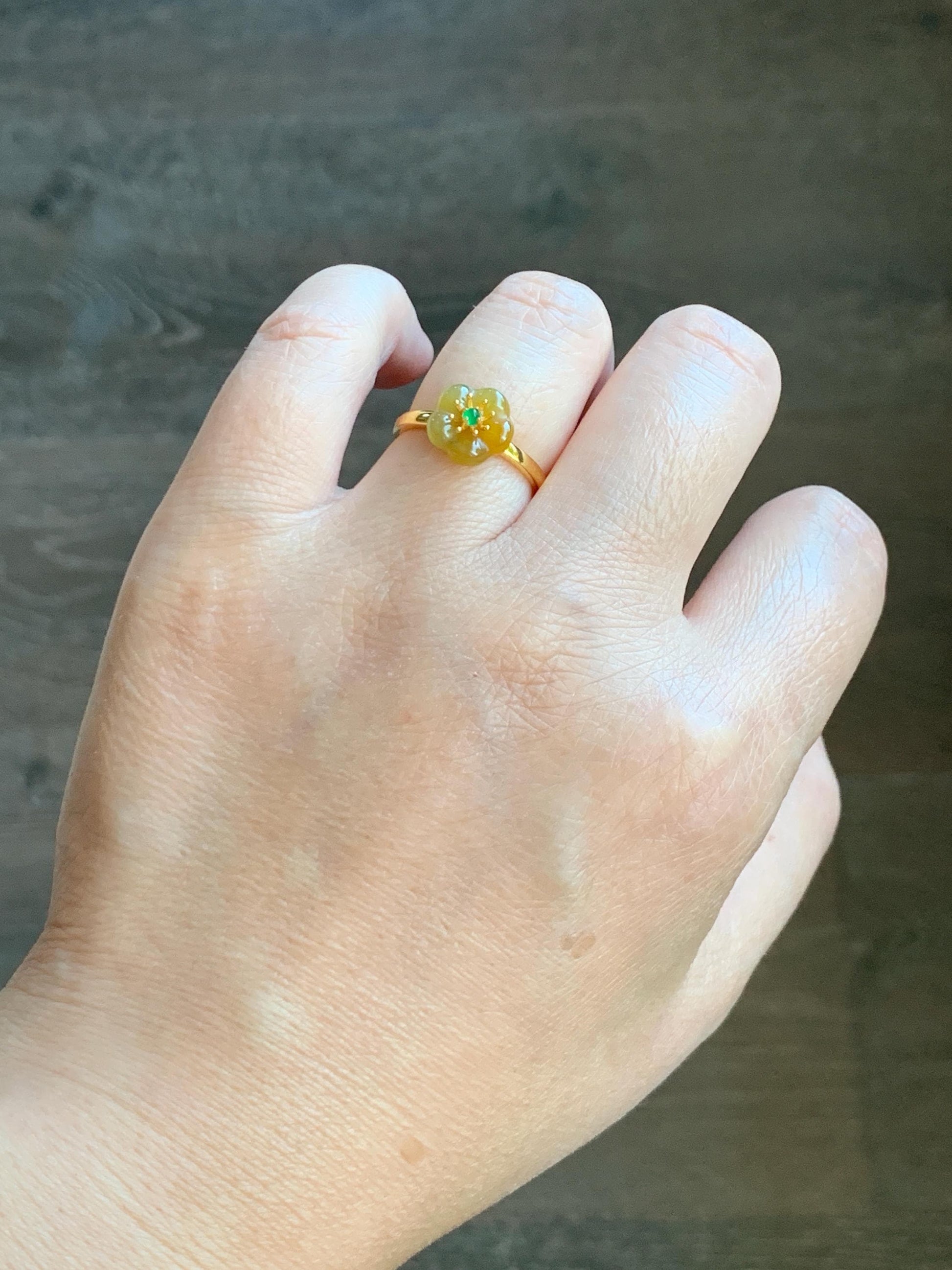 Natural Grade A Guatemalan Icy Translucent Yellow Jade Jadeite Cherry Blossom Ring Sterling Silver Size Adjustable 天然冰危黄翡翠梅花银镶戒指 WXMH66A