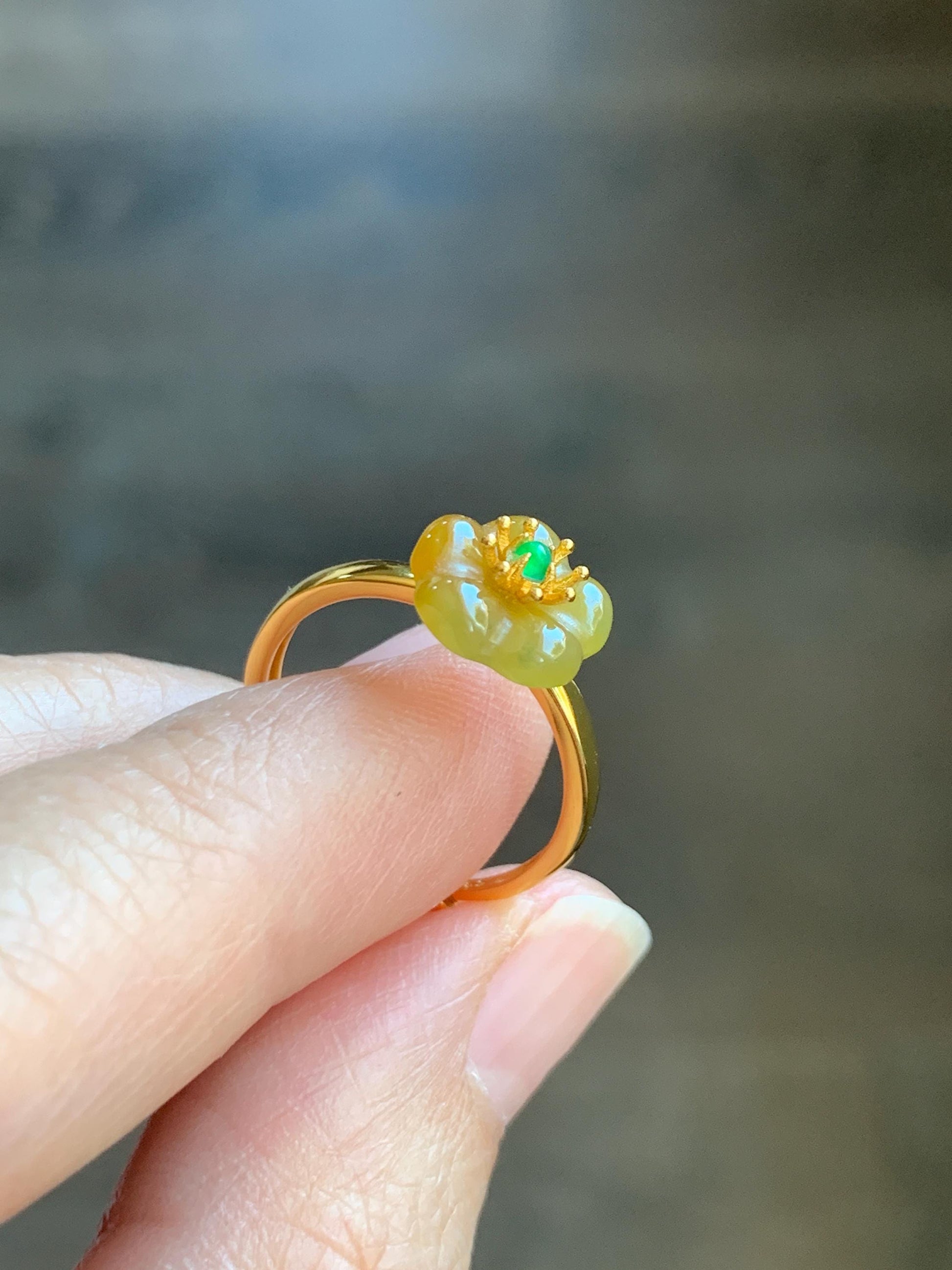 Natural Grade A Guatemalan Icy Translucent Yellow Jade Jadeite Cherry Blossom Ring Sterling Silver Size Adjustable 天然冰危黄翡翠梅花银镶戒指 WXMH66A