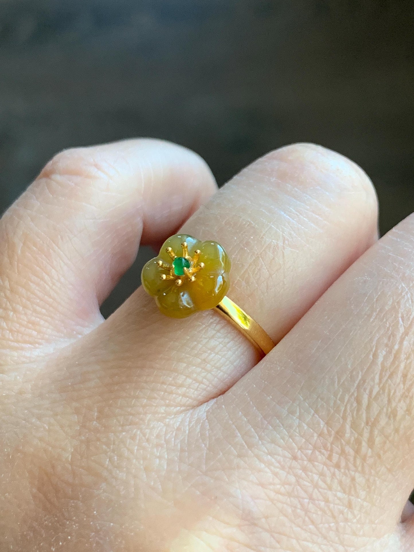 Natural Grade A Guatemalan Icy Translucent Yellow Jade Jadeite Cherry Blossom Ring Sterling Silver Size Adjustable 天然冰危黄翡翠梅花银镶戒指 WXMH66A