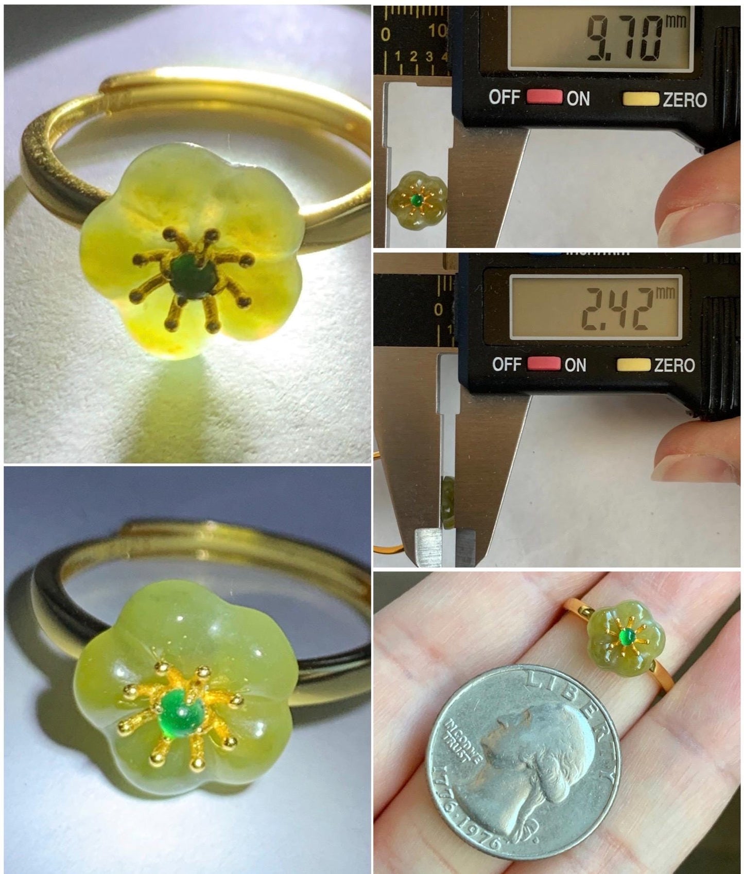 Natural Grade A Guatemalan Icy Translucent Yellow Jade Jadeite Cherry Blossom Ring Sterling Silver Size Adjustable 天然冰危黄翡翠梅花银镶戒指 WXMH66B