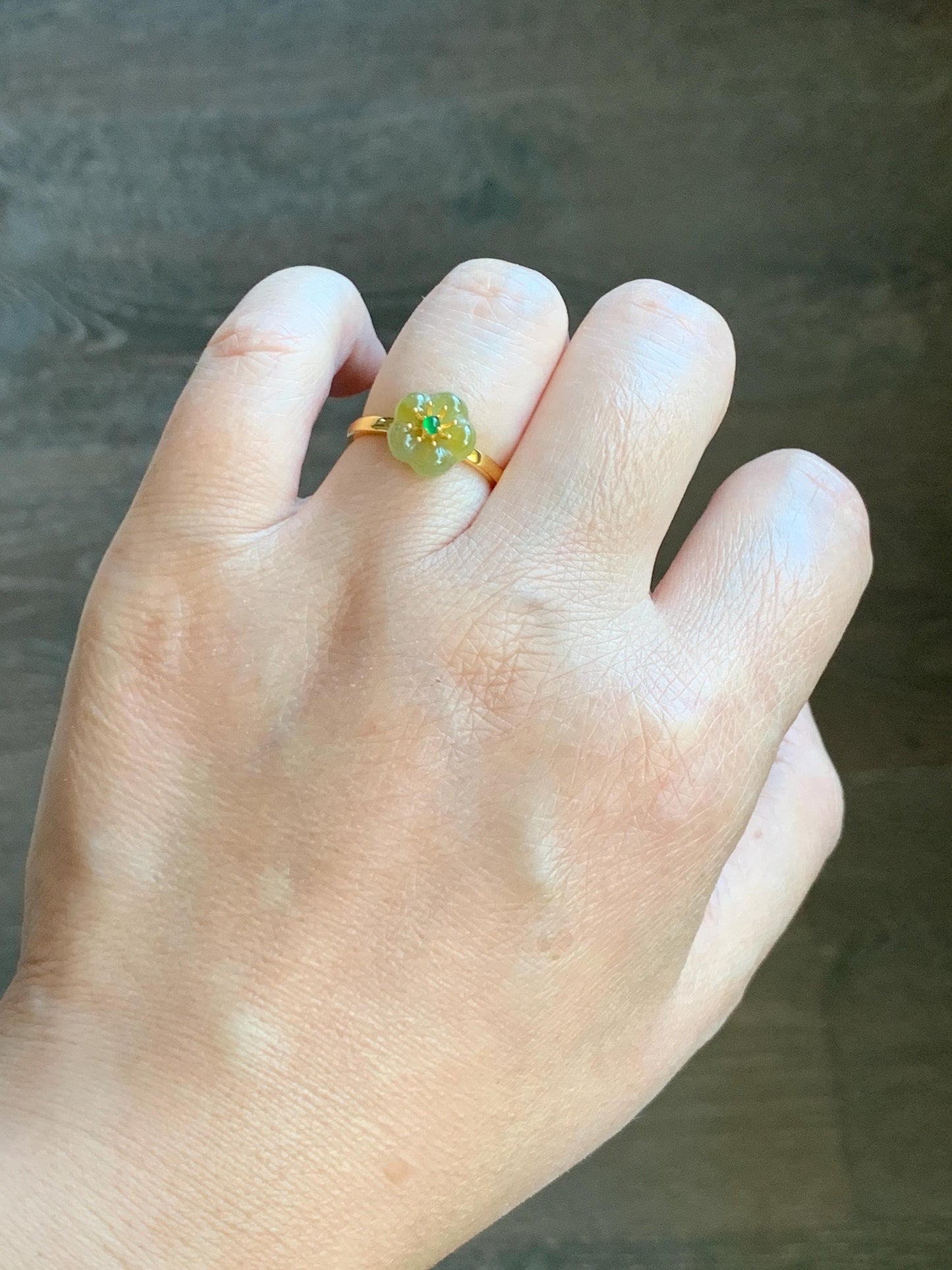 Natural Grade A Guatemalan Icy Translucent Yellow Jade Jadeite Cherry Blossom Ring Sterling Silver Size Adjustable 天然冰危黄翡翠梅花银镶戒指 WXMH66B