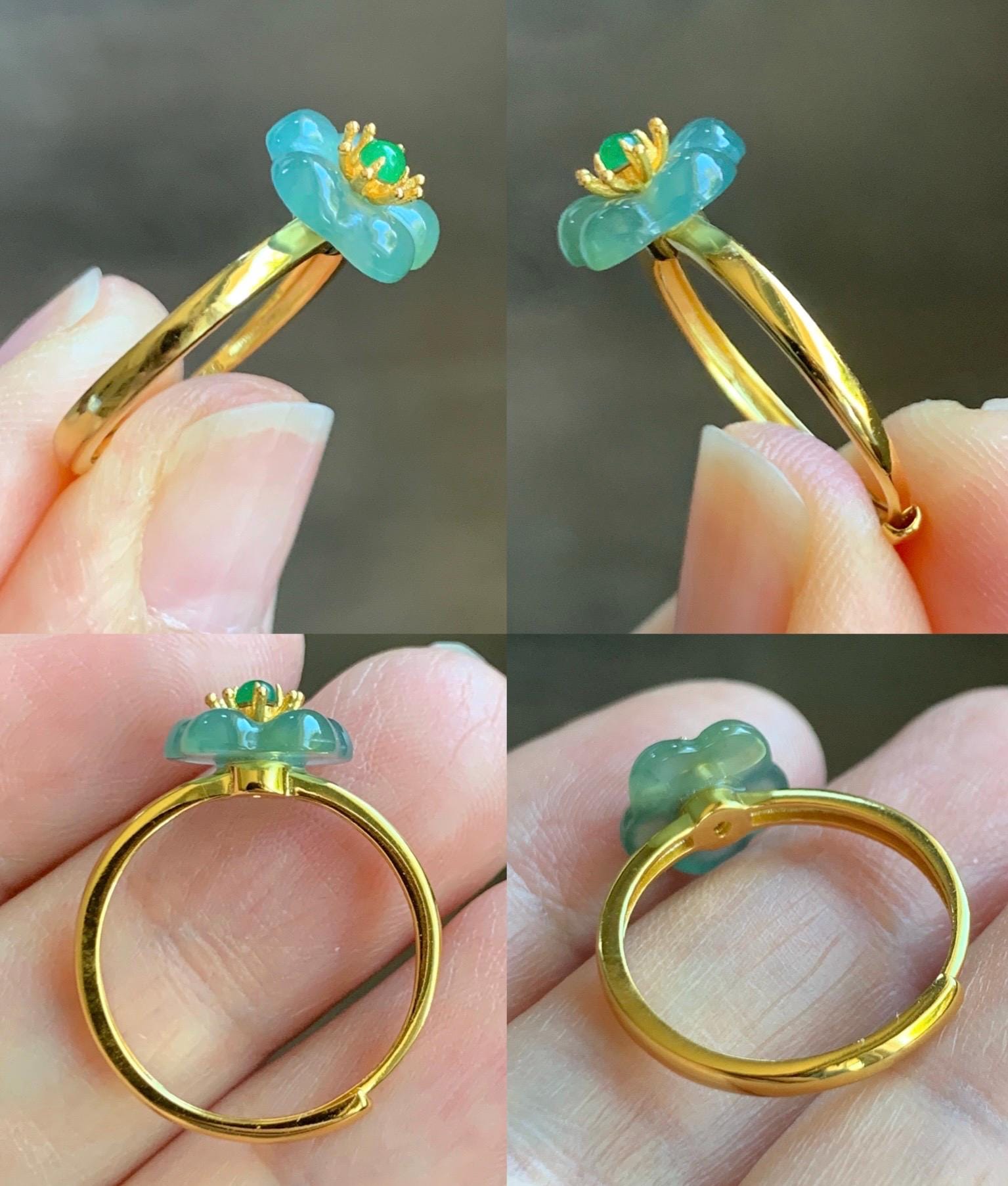 Natural Grade A Guatemalan Icy Translucent Light Teal Jade Jadeite Cherry Blossom Ring Sterling Silver Size Adjustable 天然冰危蓝翡翠梅花银镶戒指 WXMH66C