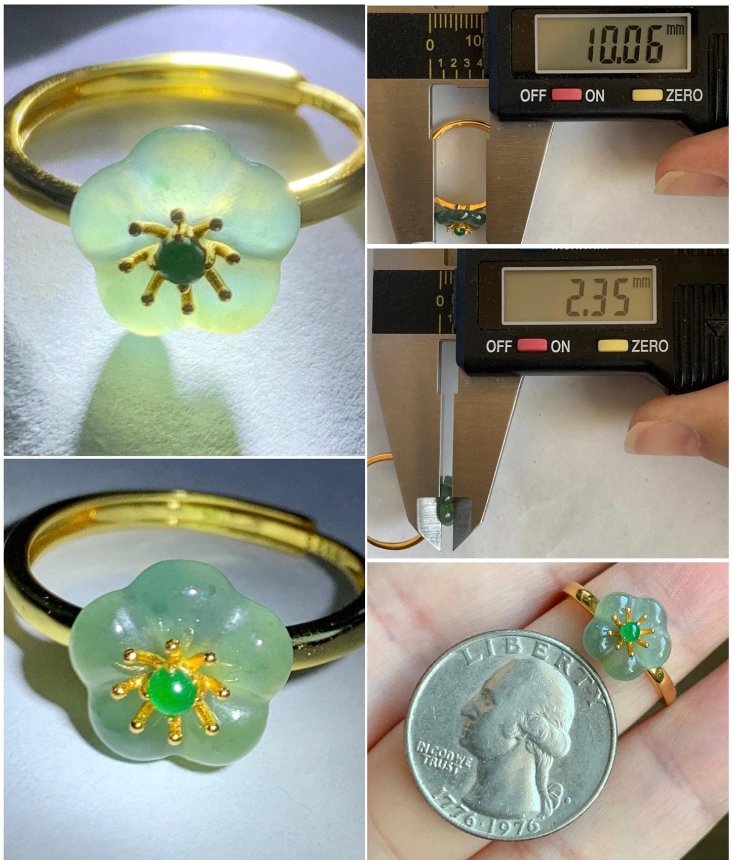 Natural Grade A Guatemalan Icy Translucent Light Teal Jade Jadeite Cherry Blossom Ring Sterling Silver Size Adjustable 天然冰危蓝翡翠梅花银镶戒指 WXMH66C