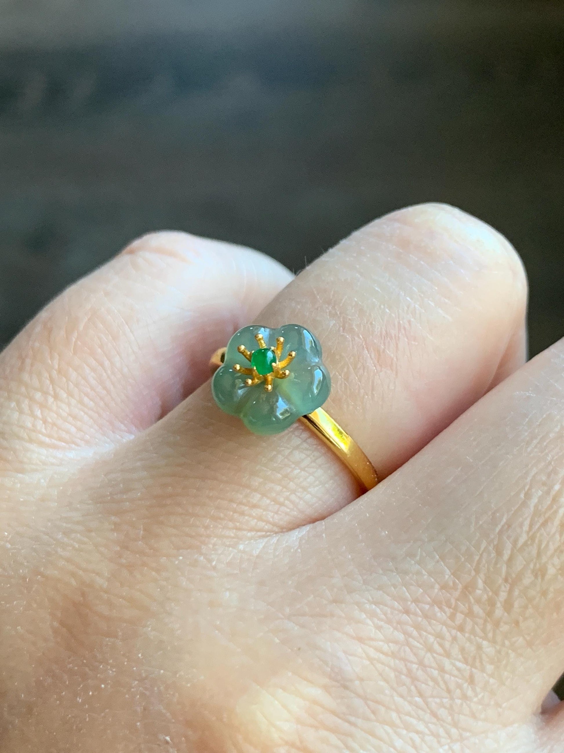 Natural Grade A Guatemalan Icy Translucent Light Teal Jade Jadeite Cherry Blossom Ring Sterling Silver Size Adjustable 天然冰危蓝翡翠梅花银镶戒指 WXMH66C