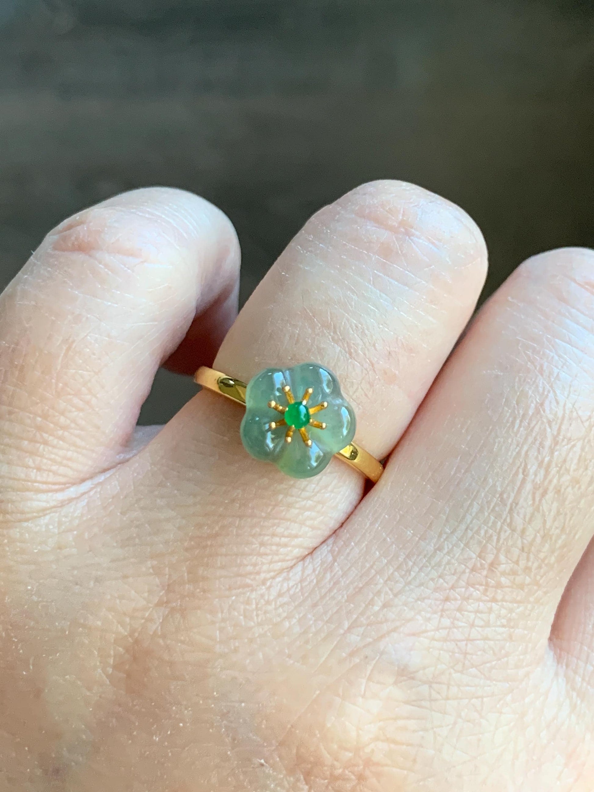 Natural Grade A Guatemalan Icy Translucent Light Teal Jade Jadeite Cherry Blossom Ring Sterling Silver Size Adjustable 天然冰危蓝翡翠梅花银镶戒指 WXMH66C