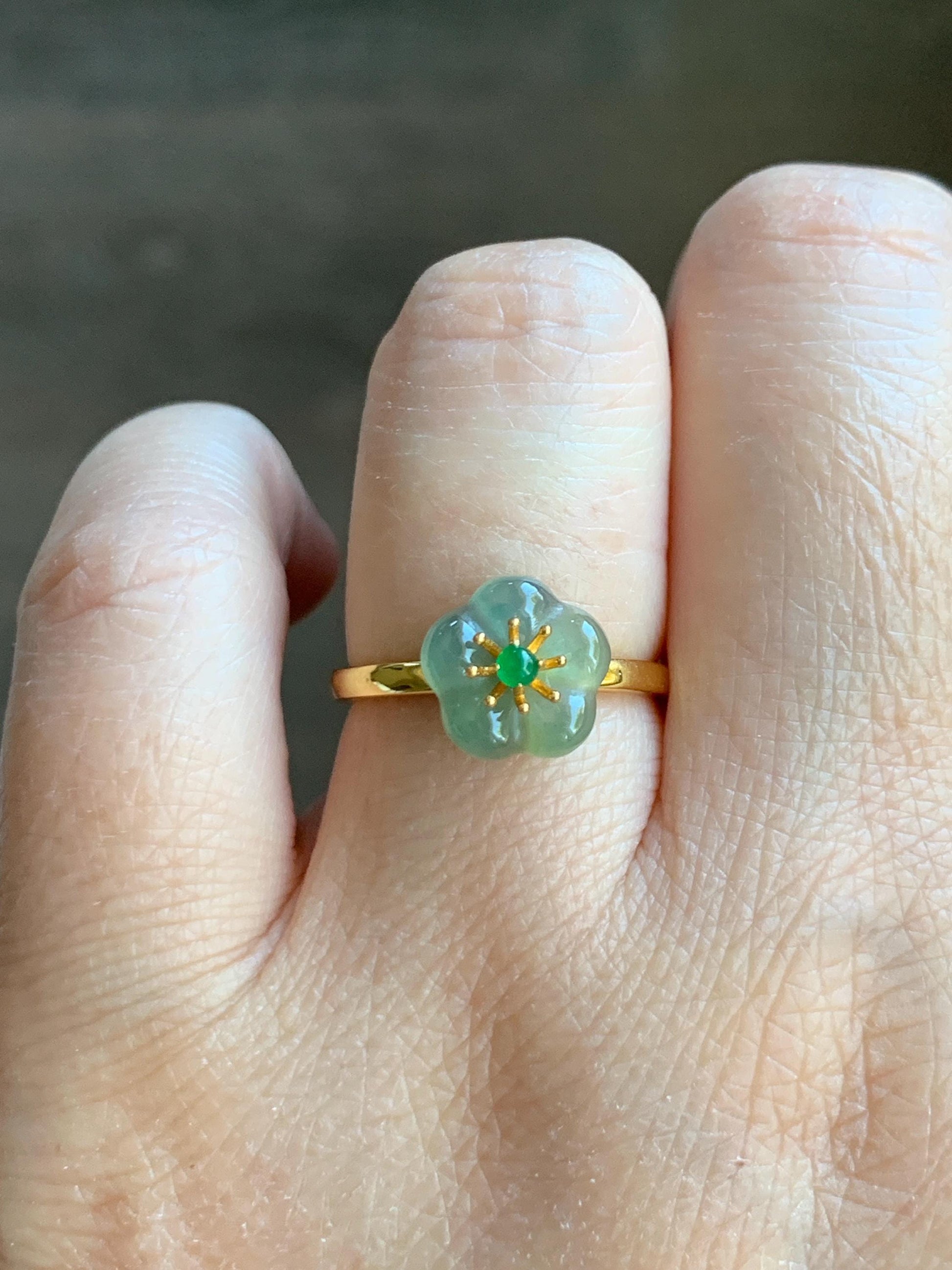 Natural Grade A Guatemalan Icy Translucent Light Teal Jade Jadeite Cherry Blossom Ring Sterling Silver Size Adjustable 天然冰危蓝翡翠梅花银镶戒指 WXMH66C