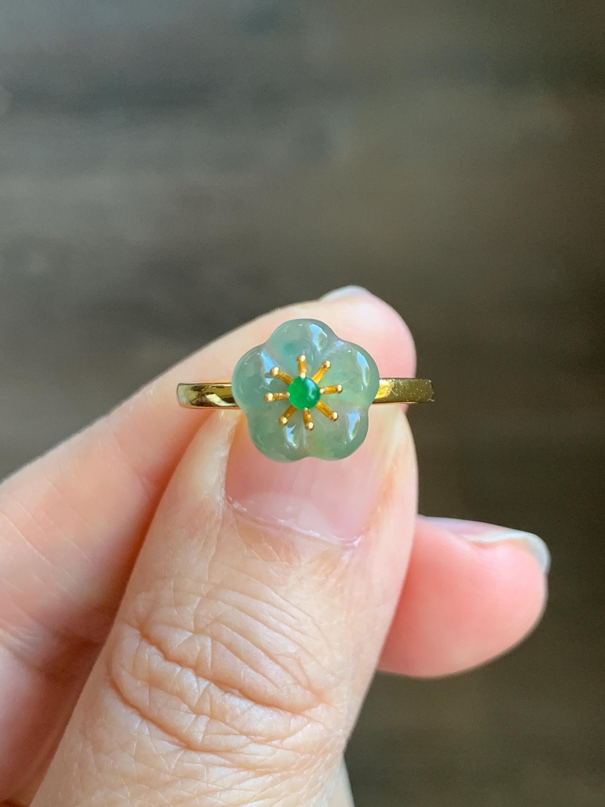 Natural Grade A Guatemalan Icy Translucent Light Teal Jade Jadeite Cherry Blossom Ring Sterling Silver Size Adjustable 天然冰危蓝翡翠梅花银镶戒指 WXMH66C