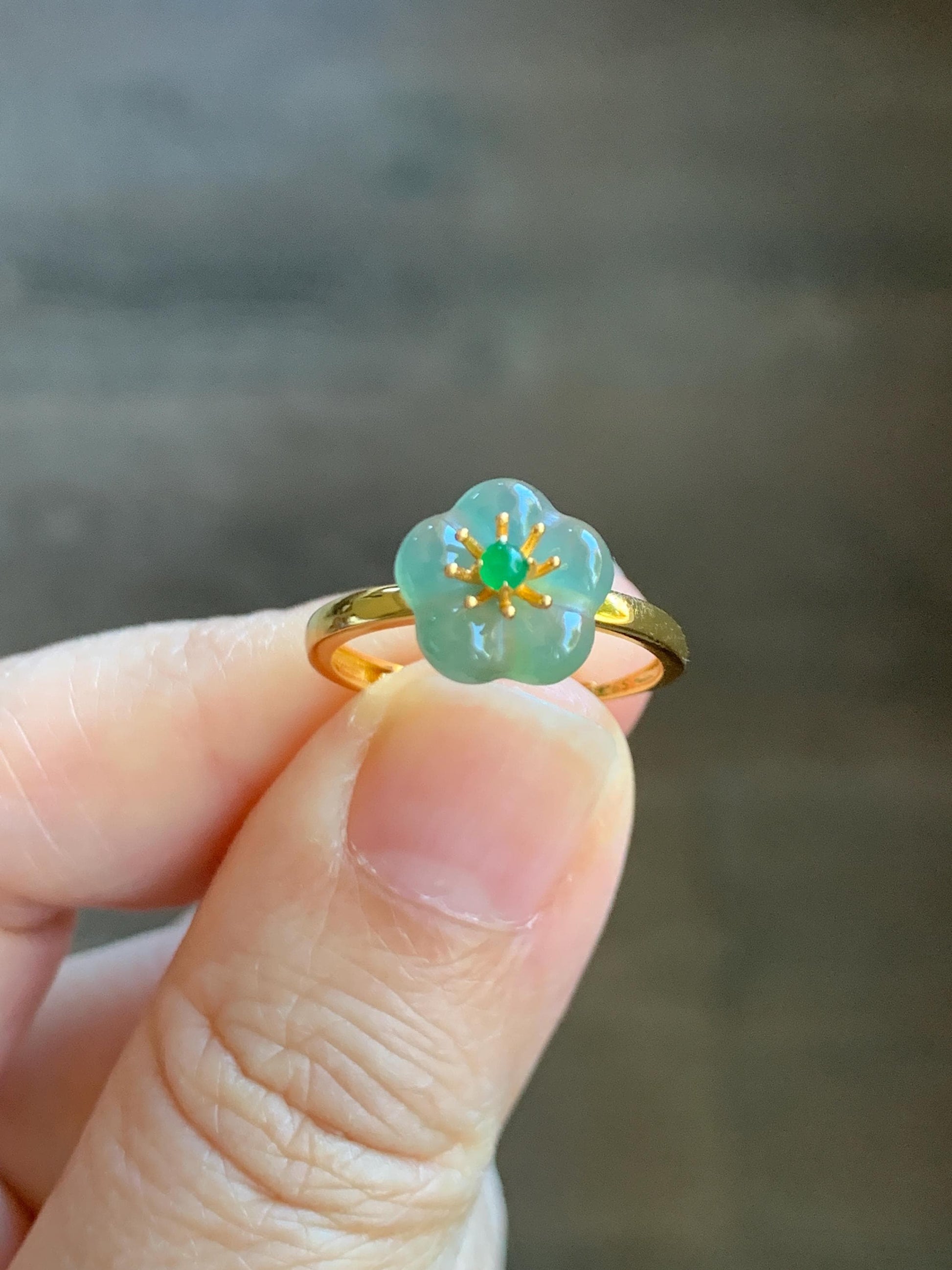 Natural Grade A Guatemalan Icy Translucent Light Teal Jade Jadeite Cherry Blossom Ring Sterling Silver Size Adjustable 天然冰危蓝翡翠梅花银镶戒指 WXMH66C