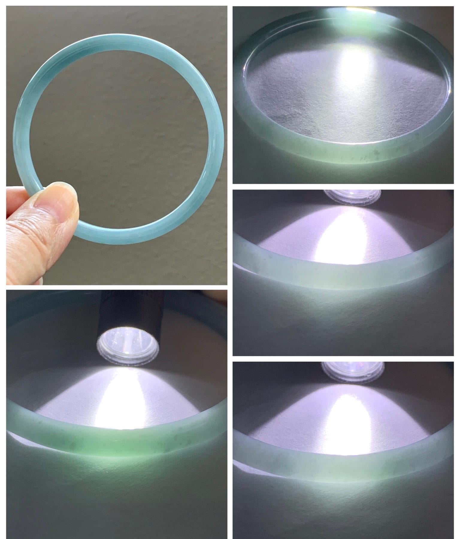 Certified Natural Grade A Guatemalan Icy Translucent Light Dusty Blue Jade Jadeite Bangle Bracelet 61.7mm 7.63" 17.77g 天然危蓝糯冰浅蓝翡翠圆条手镯 8790