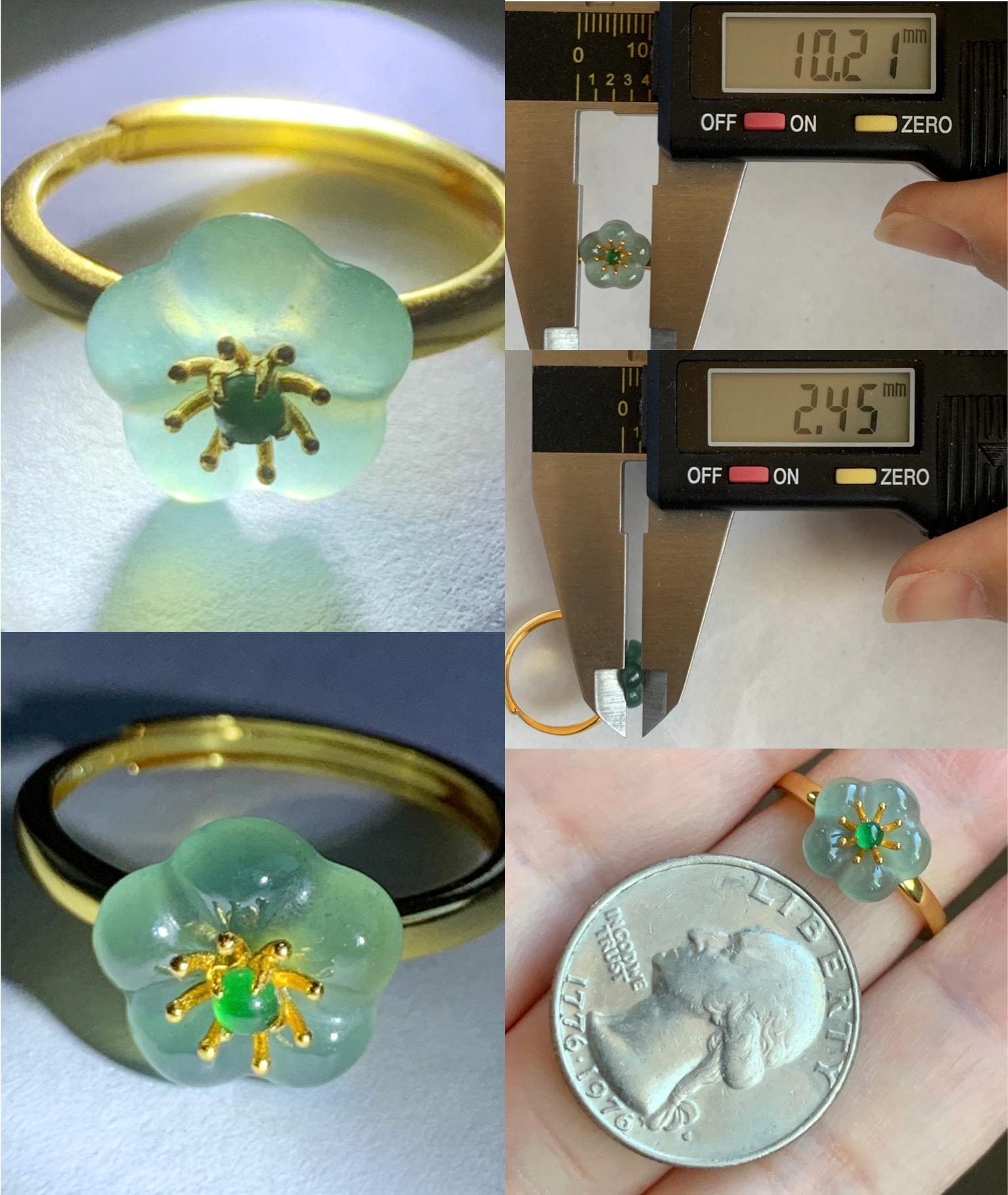 Natural Grade A Guatemalan Icy Translucent Light Teal Jade Jadeite Cherry Blossom Ring Sterling Silver Size Adjustable 天然冰危蓝翡翠梅花银镶戒指 WXMH66D