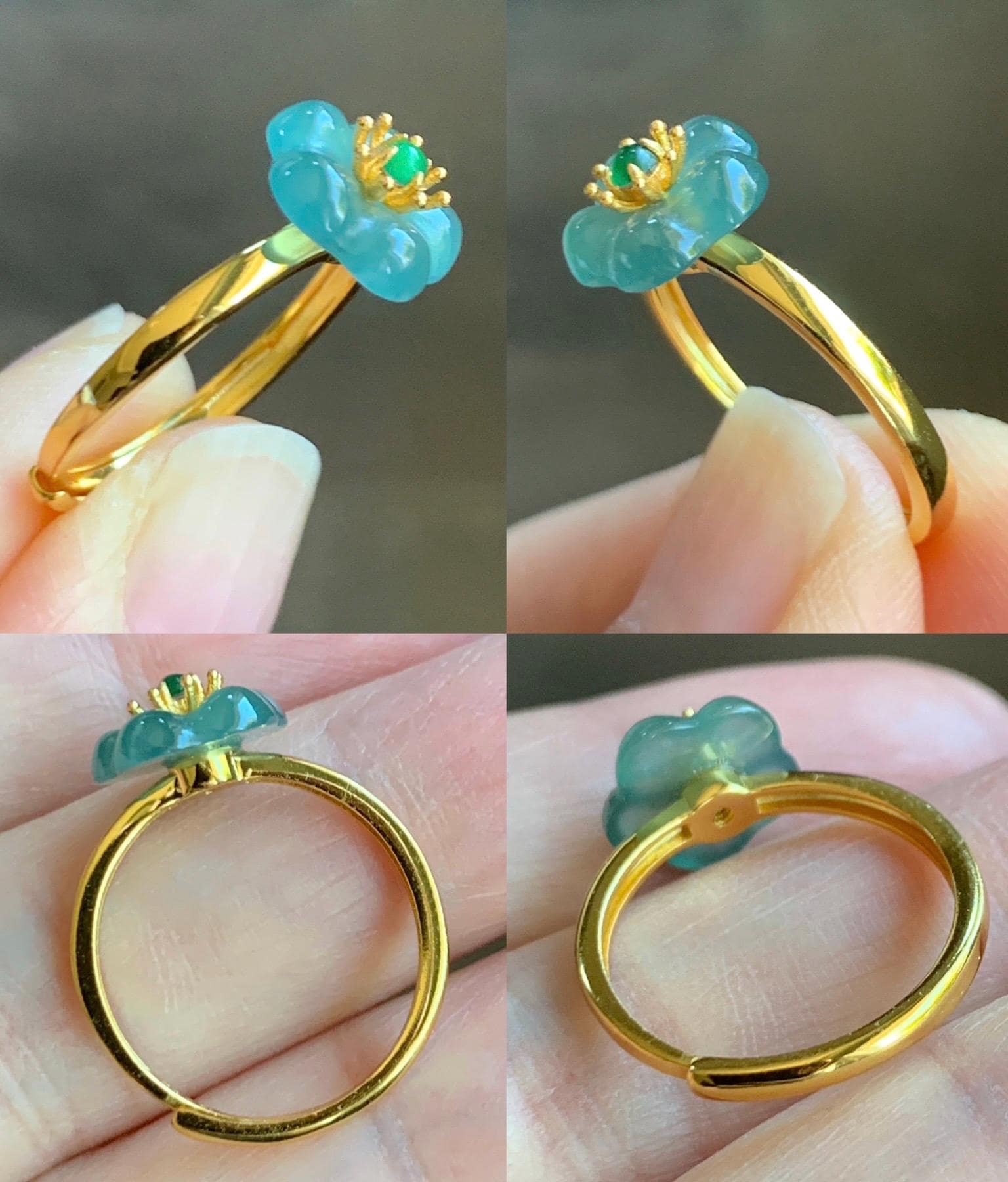 Natural Grade A Guatemalan Icy Translucent Light Teal Jade Jadeite Cherry Blossom Ring Sterling Silver Size Adjustable 天然冰危蓝翡翠梅花银镶戒指 WXMH66D