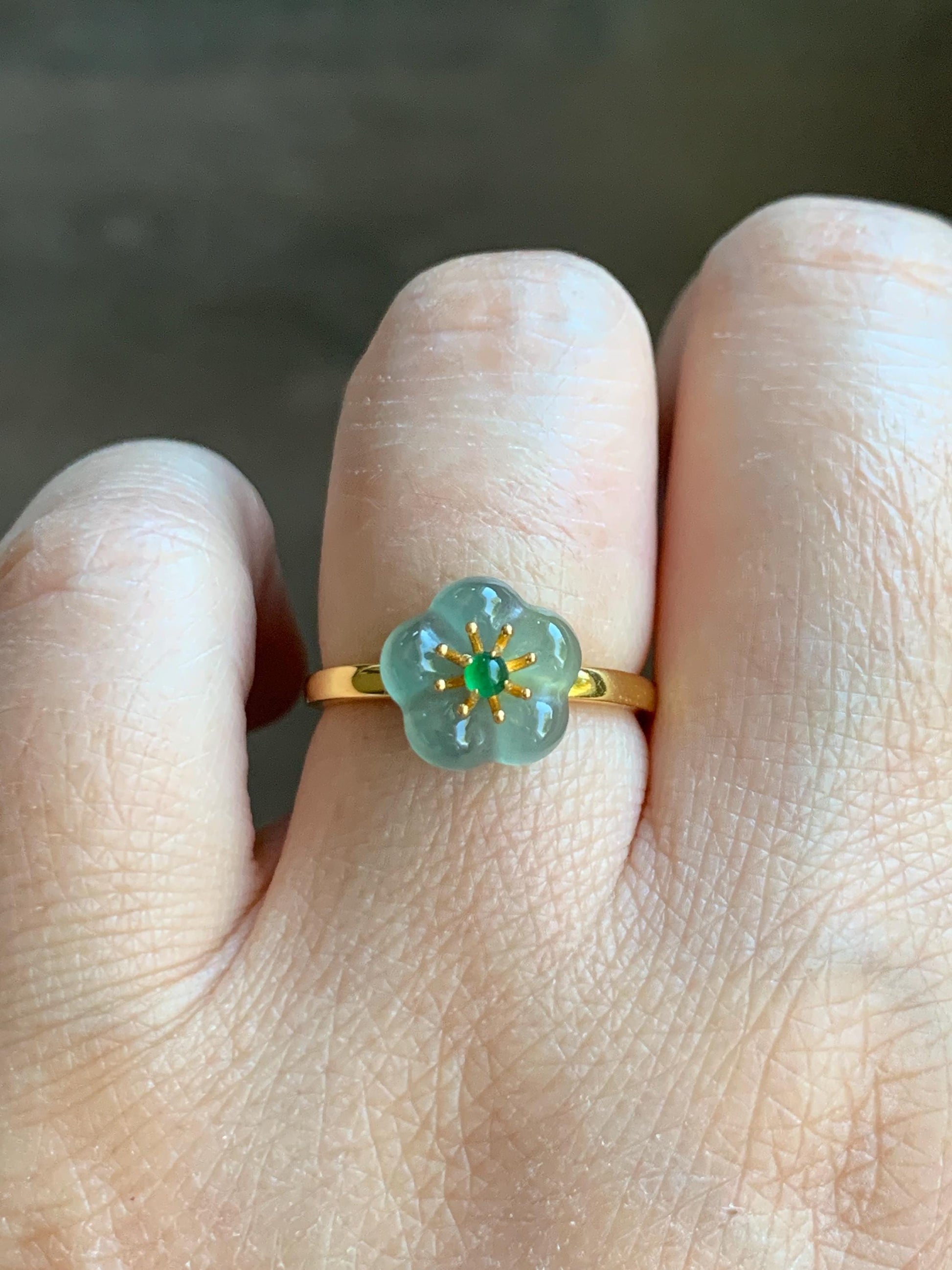 Natural Grade A Guatemalan Icy Translucent Light Teal Jade Jadeite Cherry Blossom Ring Sterling Silver Size Adjustable 天然冰危蓝翡翠梅花银镶戒指 WXMH66D